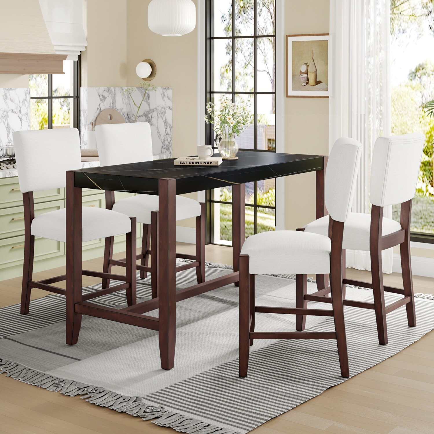5 Piece Dining Table Set Rectangular Table with 4 Upholstered Chair w/ Wood Legs