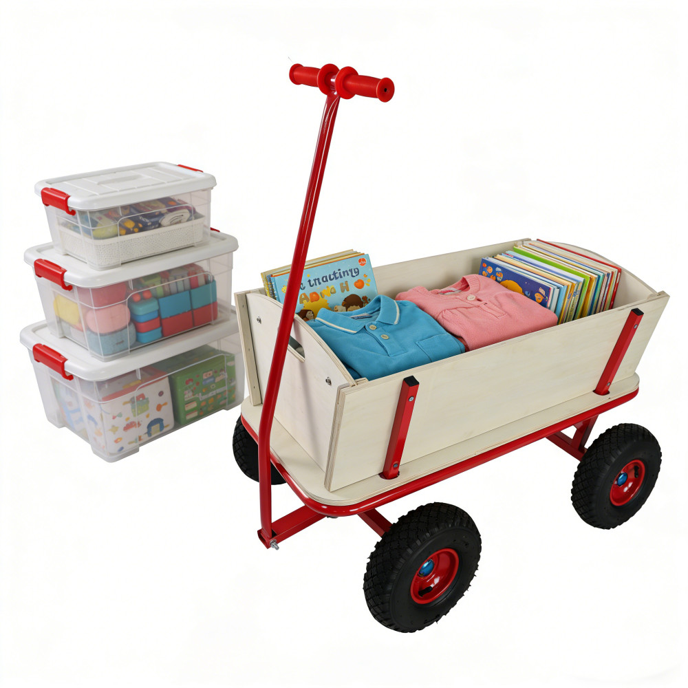 Kids Wooden Toy Wagon Red Outdoor Hauler - 260 lbs Load Capacity