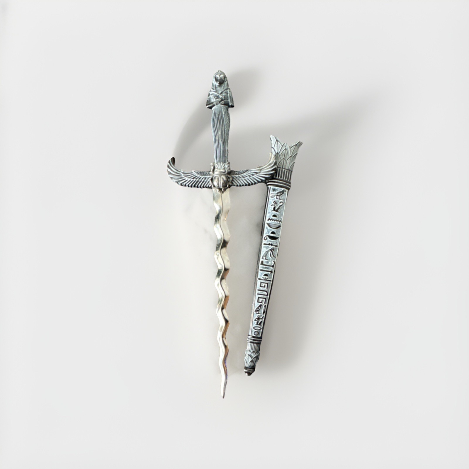 Egyptian Motif Collectible Stiletto Dagger Silver Metal Double Edge with Sheath