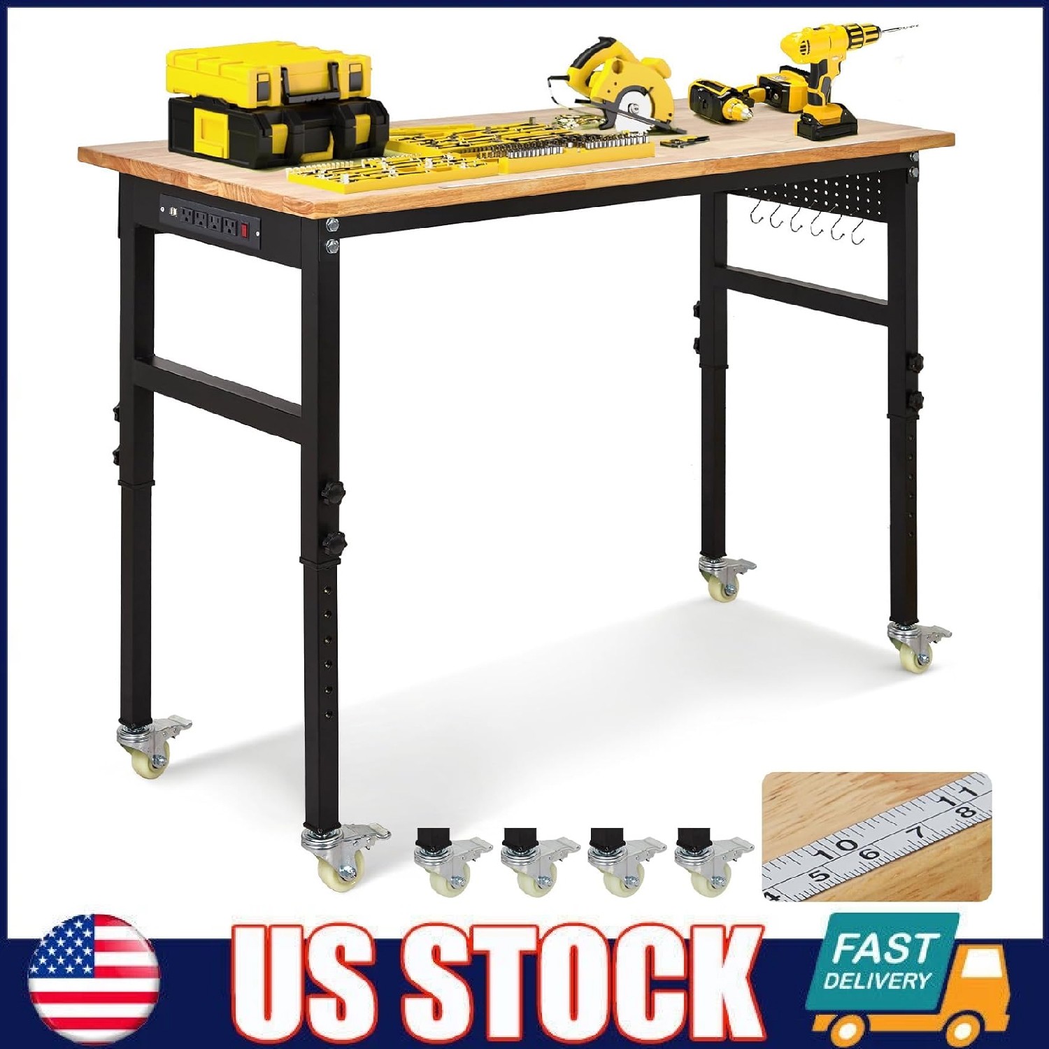 48" Adjustable Workbench 2000Lbs Load Work Bench with Pegboard & Power Outlets