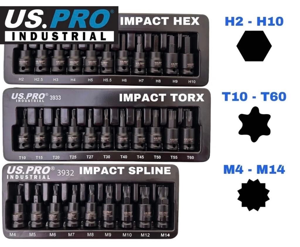 US PRO IMPACT Hex Torx Spline Bit Sockets 3/8" Drive Short Reach Star HX Allen