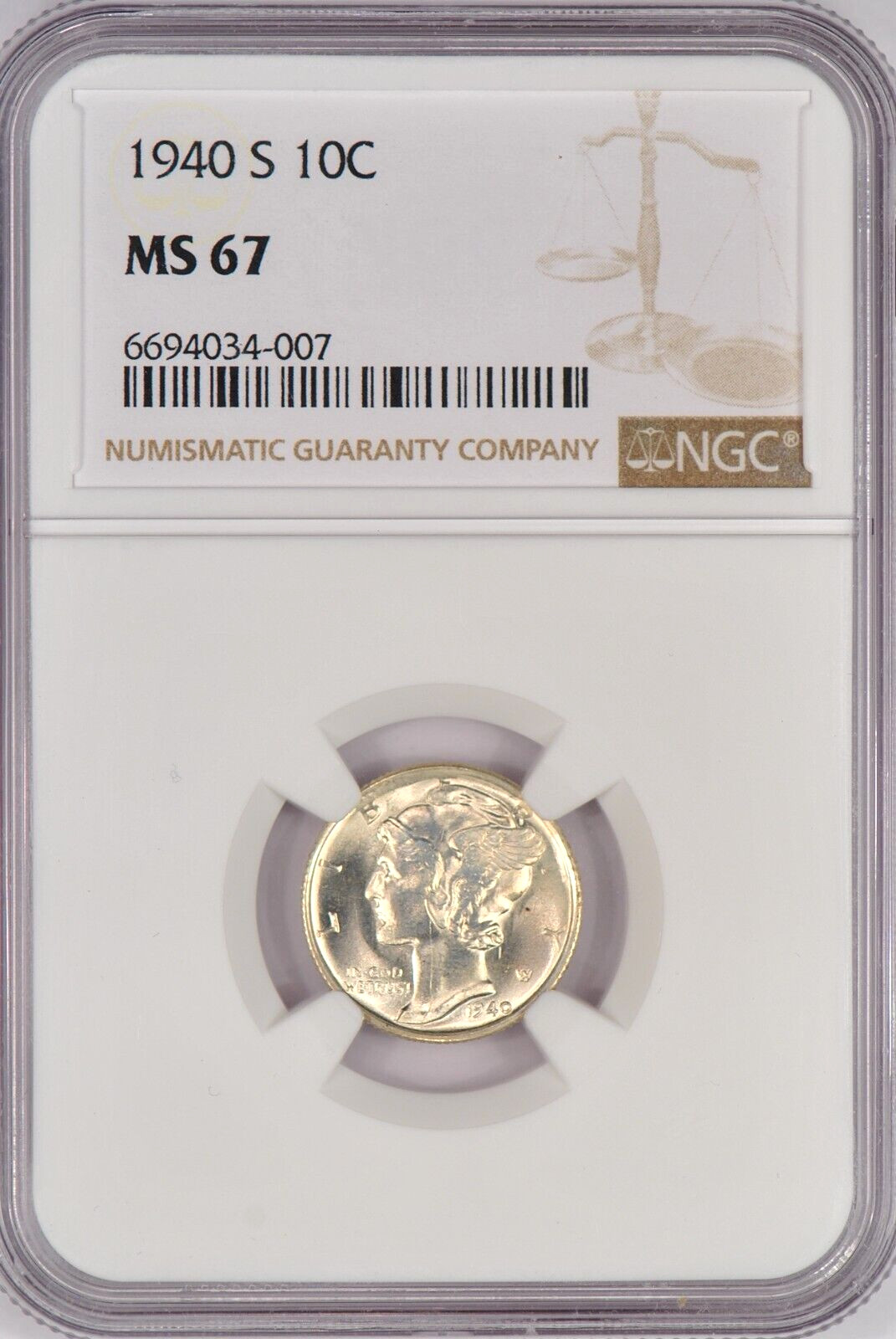 1940 S Mercury Dime NGC MS 67 Gem Silver Original Coin 10C