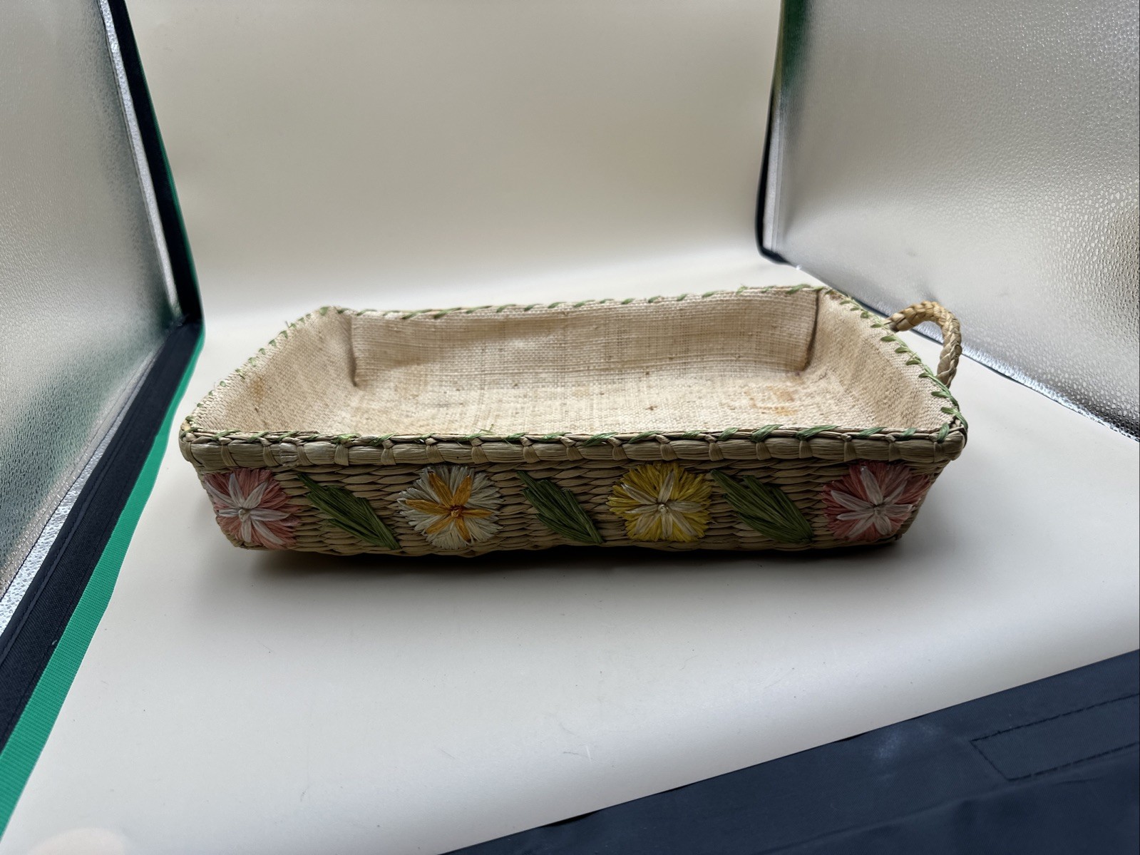 #N20- Vintage Raffia Floral Casserole Baskets Nesting Mid Century