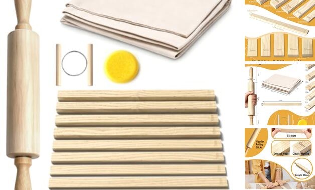 13 Pcs Pottery Tools, 5 Size Teaching Rolling Mud Stick Guide, Wood Rolling 14