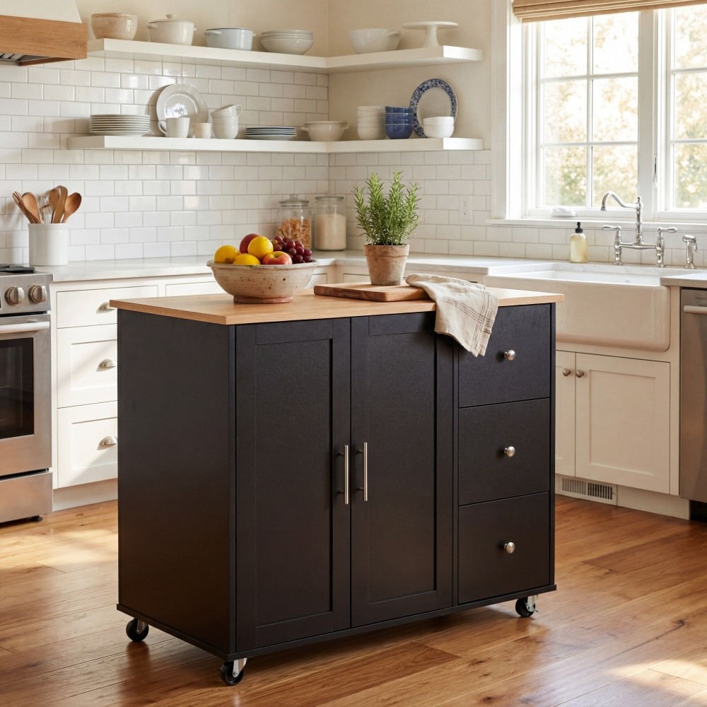 Mobile Kitchen Cart with Storage, 39.76" Rolling Island with Doors Drawers and