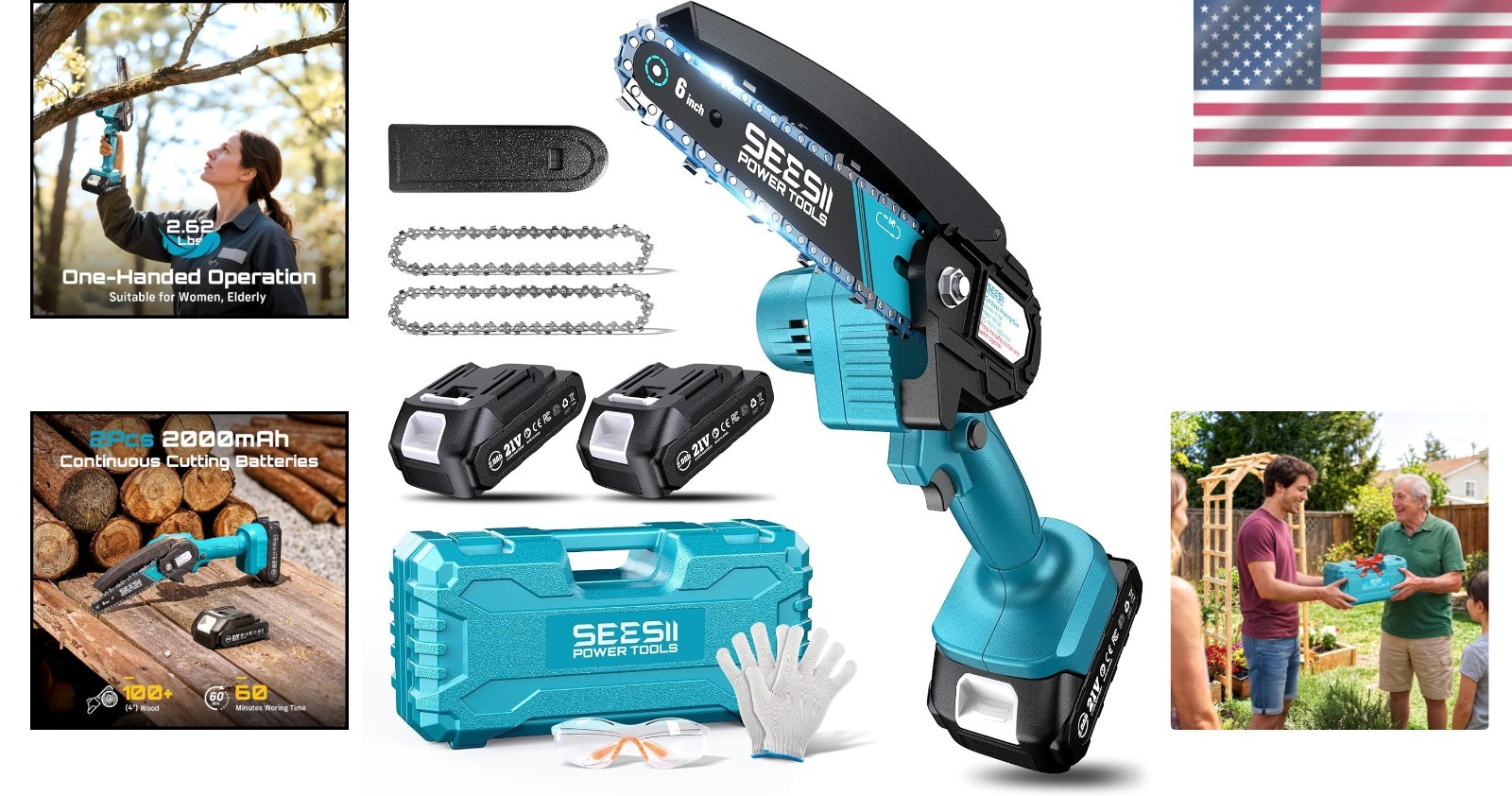 Lightweight 6-Inch Electric Mini Chainsaw - Includes 2 Batteries & Accessories