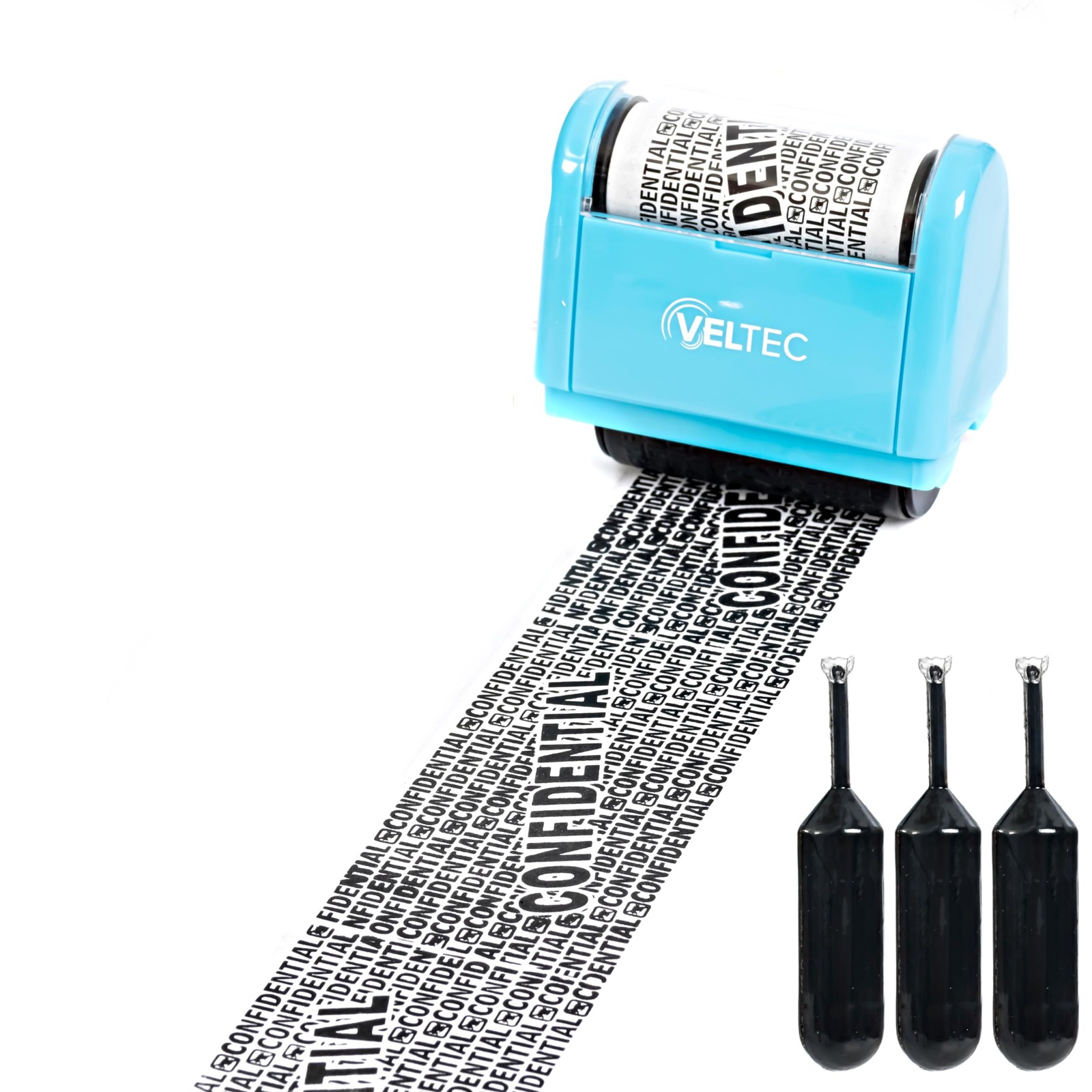 Veltec ID Protector Ink Roller - Identity Theft Stamp+3 Refills, Blue