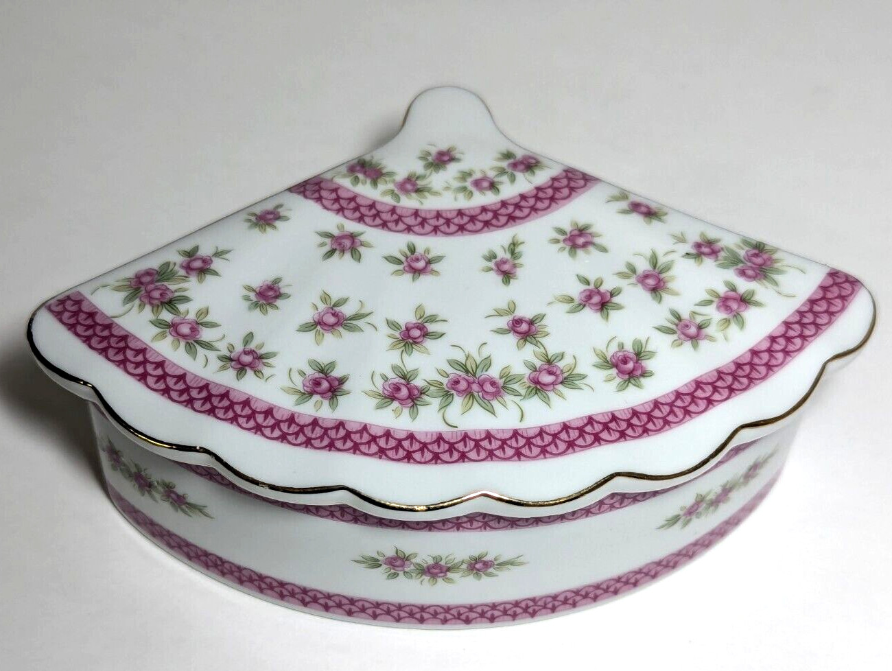 Lefton China Hand Painted Porcelain Fan Trinket Box - 2020 Edition w/ stamp