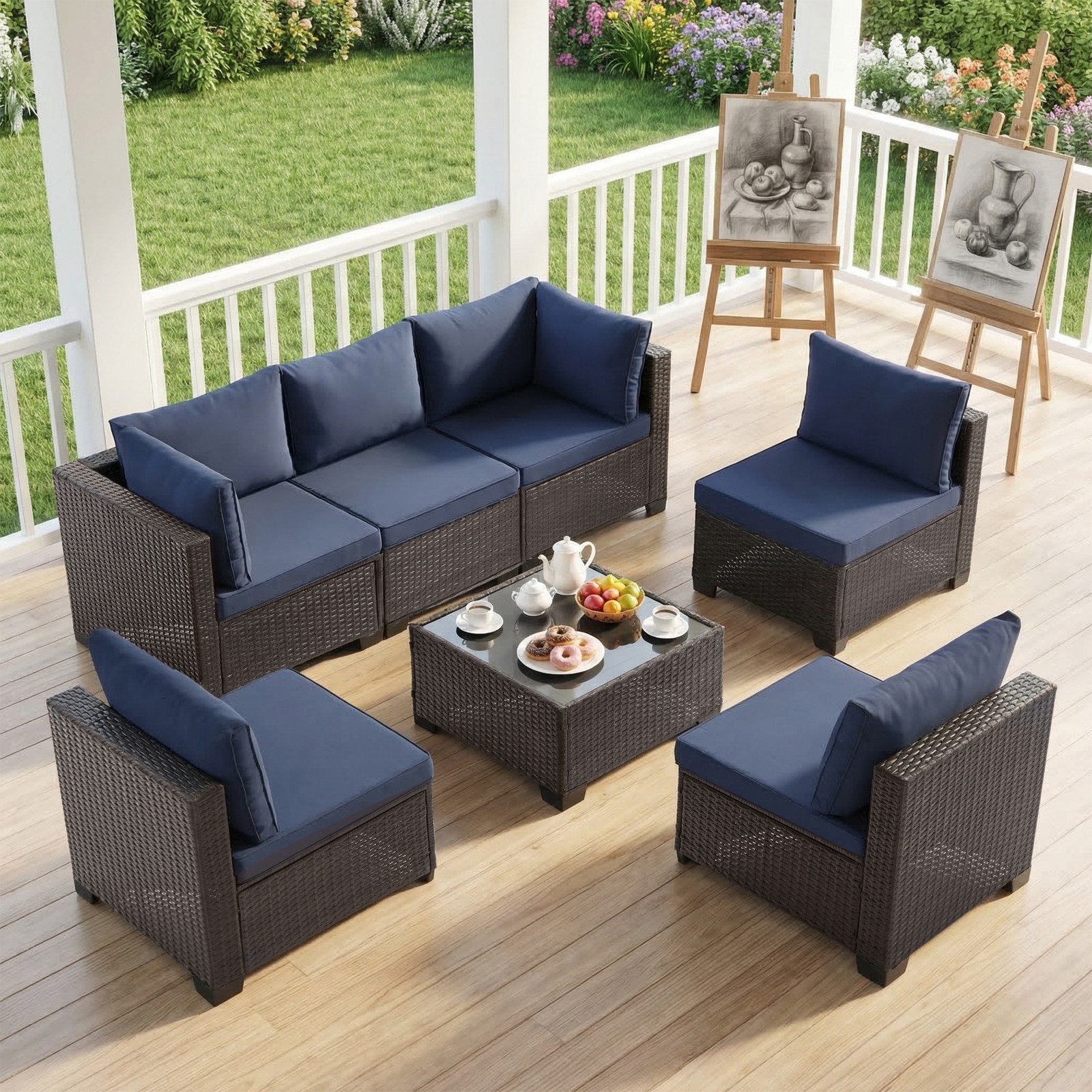 7 Pieces Outdoor Furniture Set Patio Wicker Rattan Sectional Sofa with Table