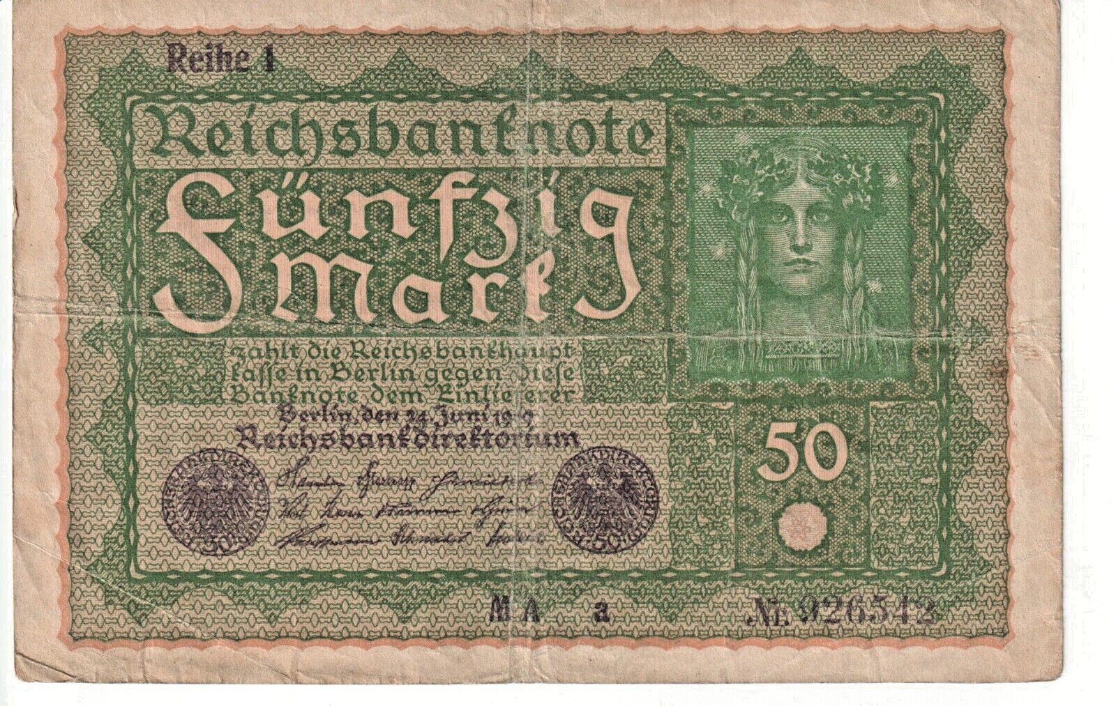 1919 Germany 50 Mark ReichsBanknote  P# 66 - Fine - # 23478