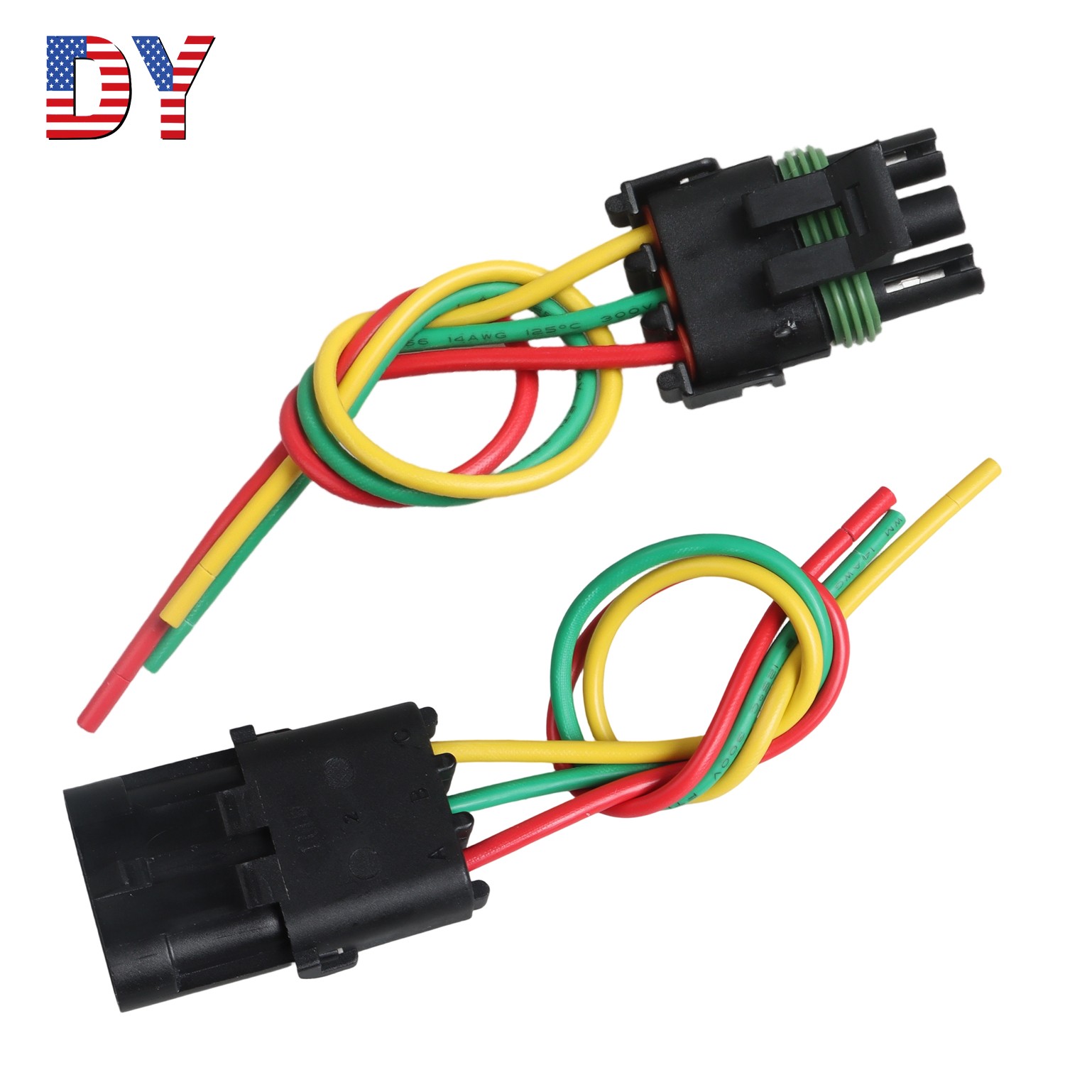 Pair 3-Wire Connector Male & Female Set Assembled w/ 7.5" 14 AWG Wiring Harness
