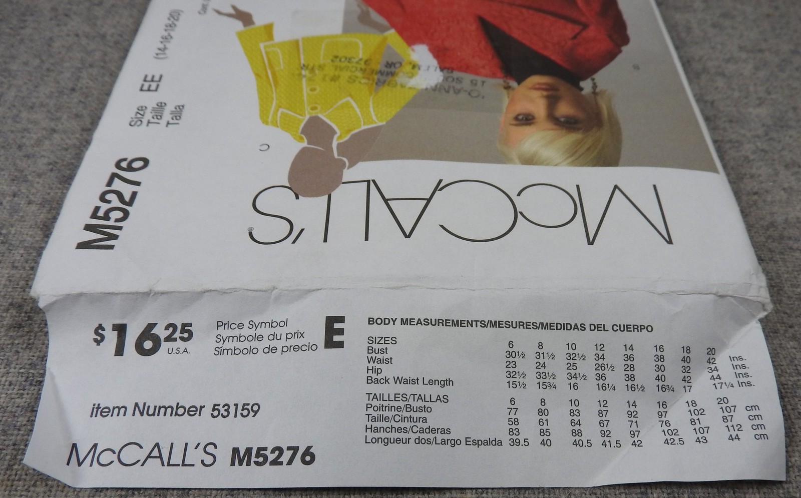 McCalls 5276 Misses Jacket unlined collar pockets size 14-20 Plus Uncut