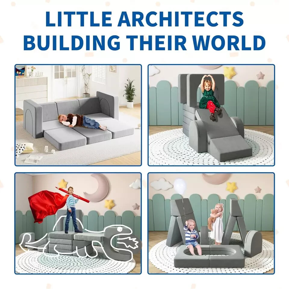 Kids Couch 12PCS, Modular Kids Play Couch for Playroom Bedroom, Gray