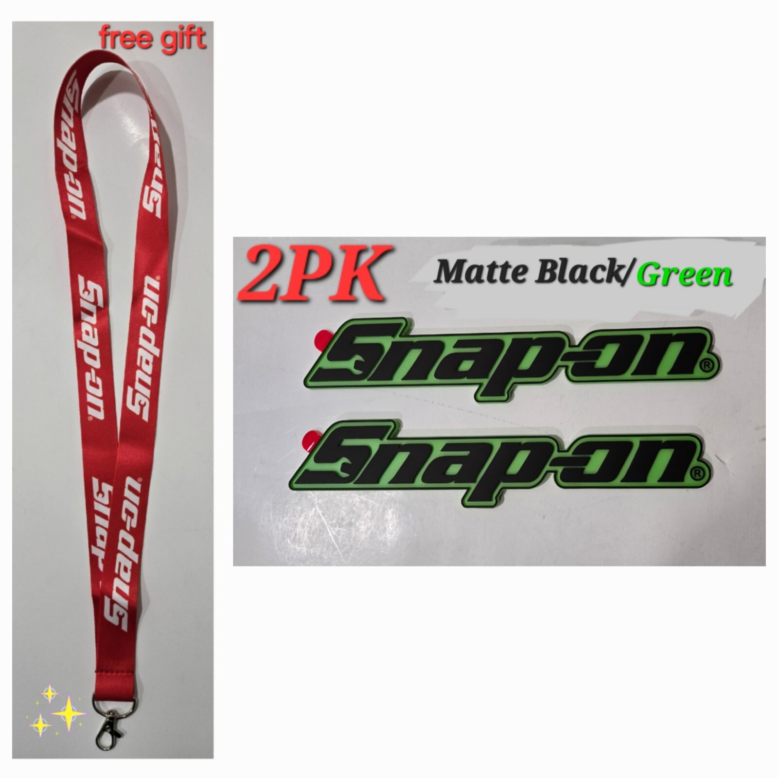 2PACK SNAP ON TOOL BOX LOGO EMBLEM MATTE Green Plastic Badge Decal 8" + Lanyard