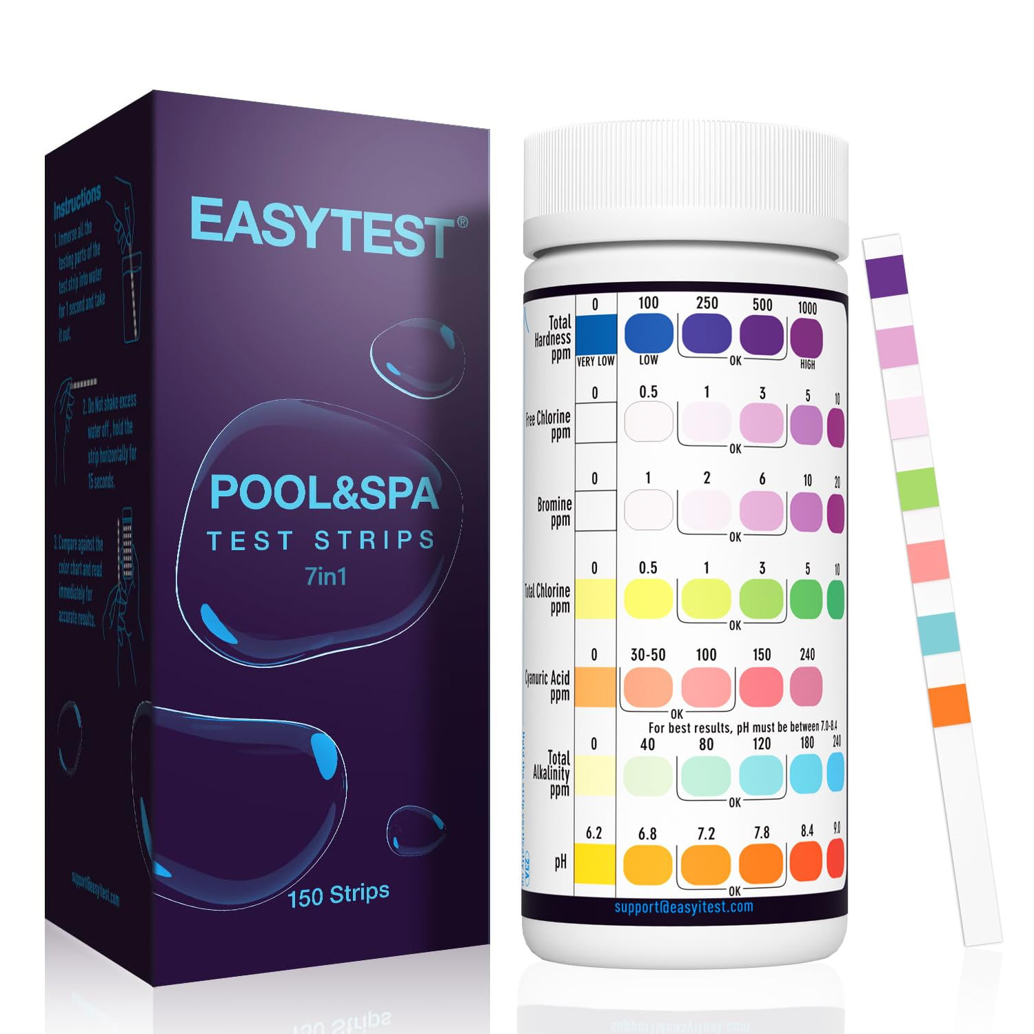 7-Way Pool Test Strips, 150 Strips Water Chemical Testing for Hot tub and Spa, A
