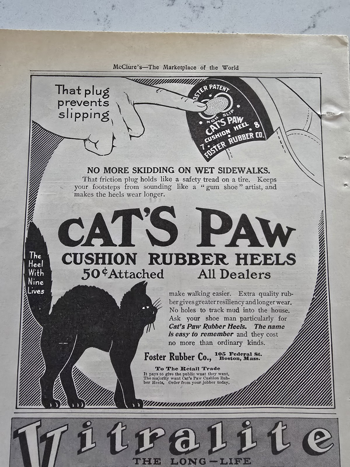 1912 Black Cat's Paw Cushion rubber shoe heels no slipping skidding vintage ad