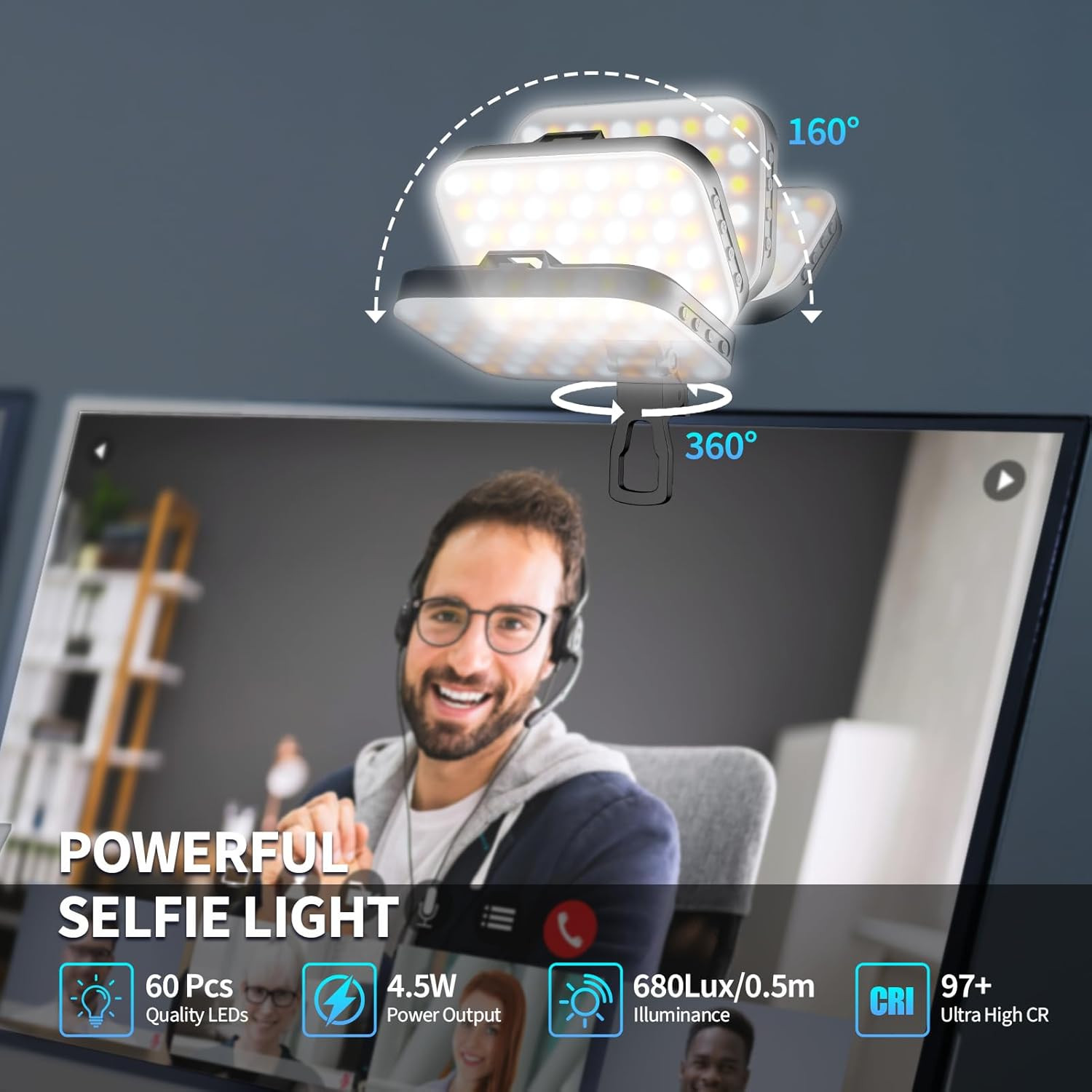 60 LED Selfie Light for Iphone, Protable Clip Light for Phone Camera with 360° &