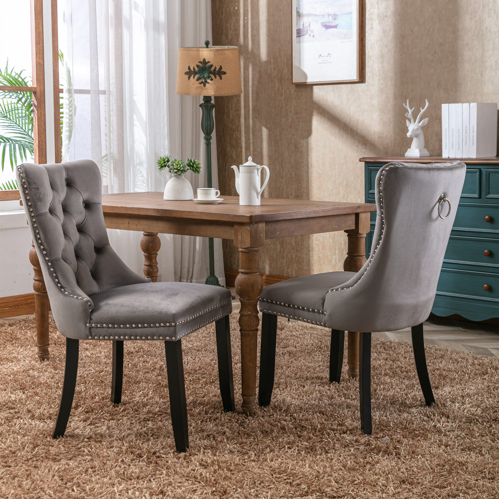 Modern Kitchen Dining Chair Set of 2 High Back Upholstered Dinner Room Wood Leg