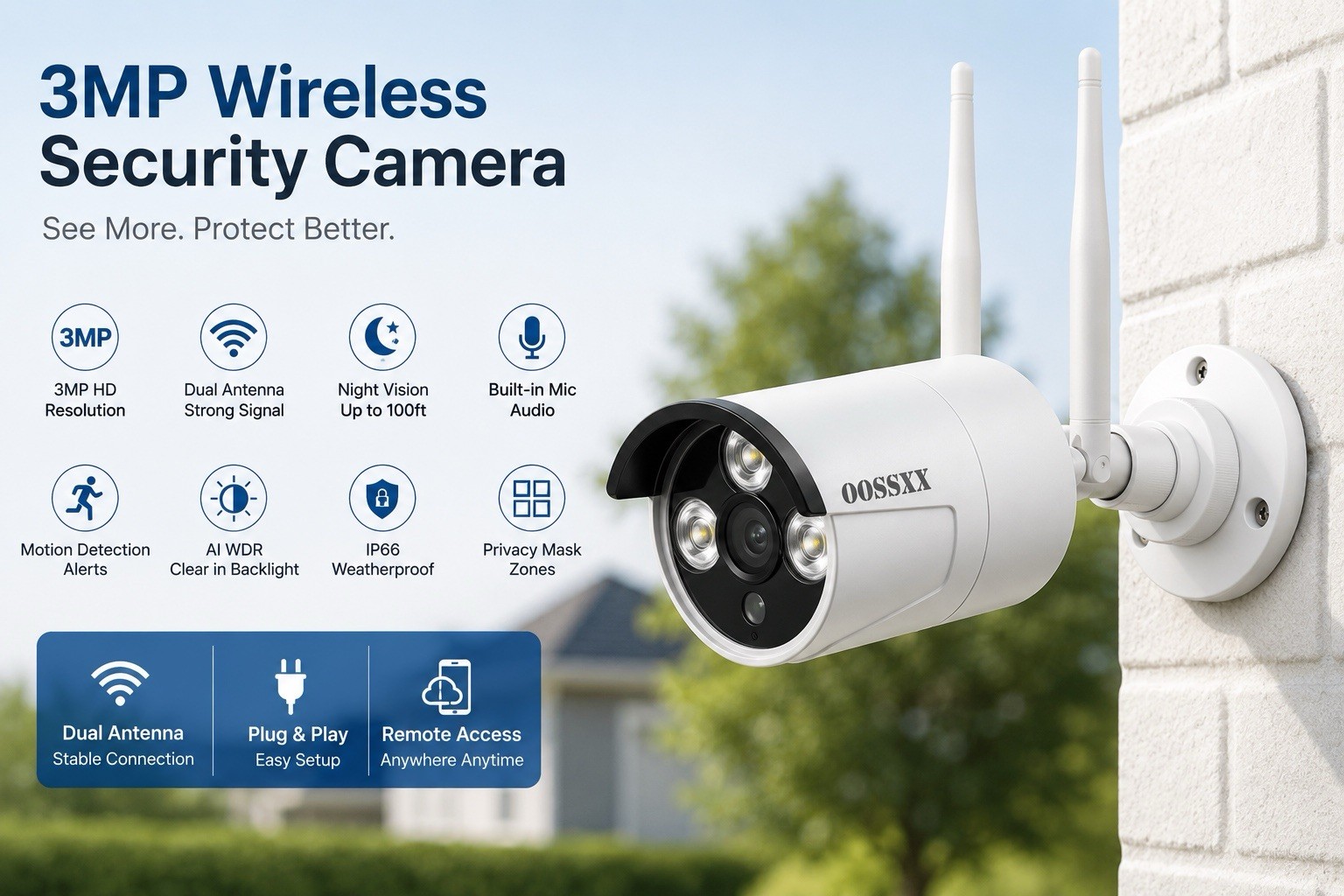 OOSSXX Extend 3.0MP Wireless Camera with Audio Wireless Extend Camera Securit...