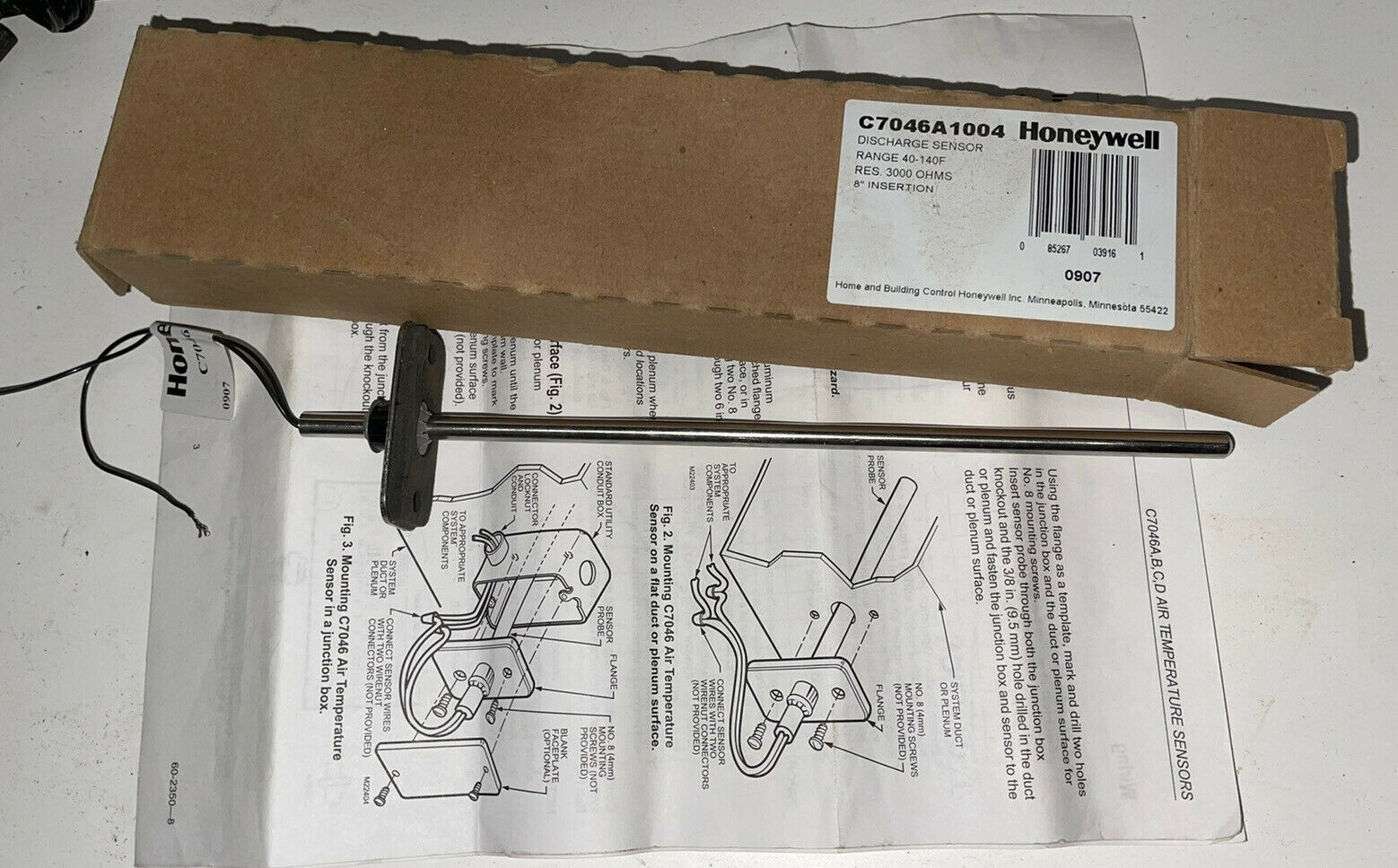 Honeywell C7046A 1004/U Discharge Sensor Range 40-110F 8" Insertion