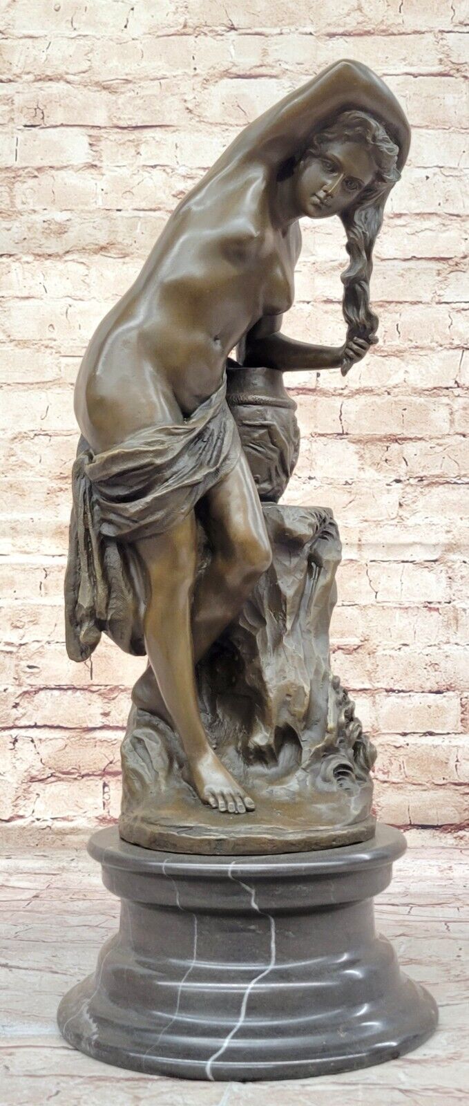 Cesaro`s Fine Art Sculpture: Nude Girl Washing Hair, Hot Cast Bronze Statue Sale