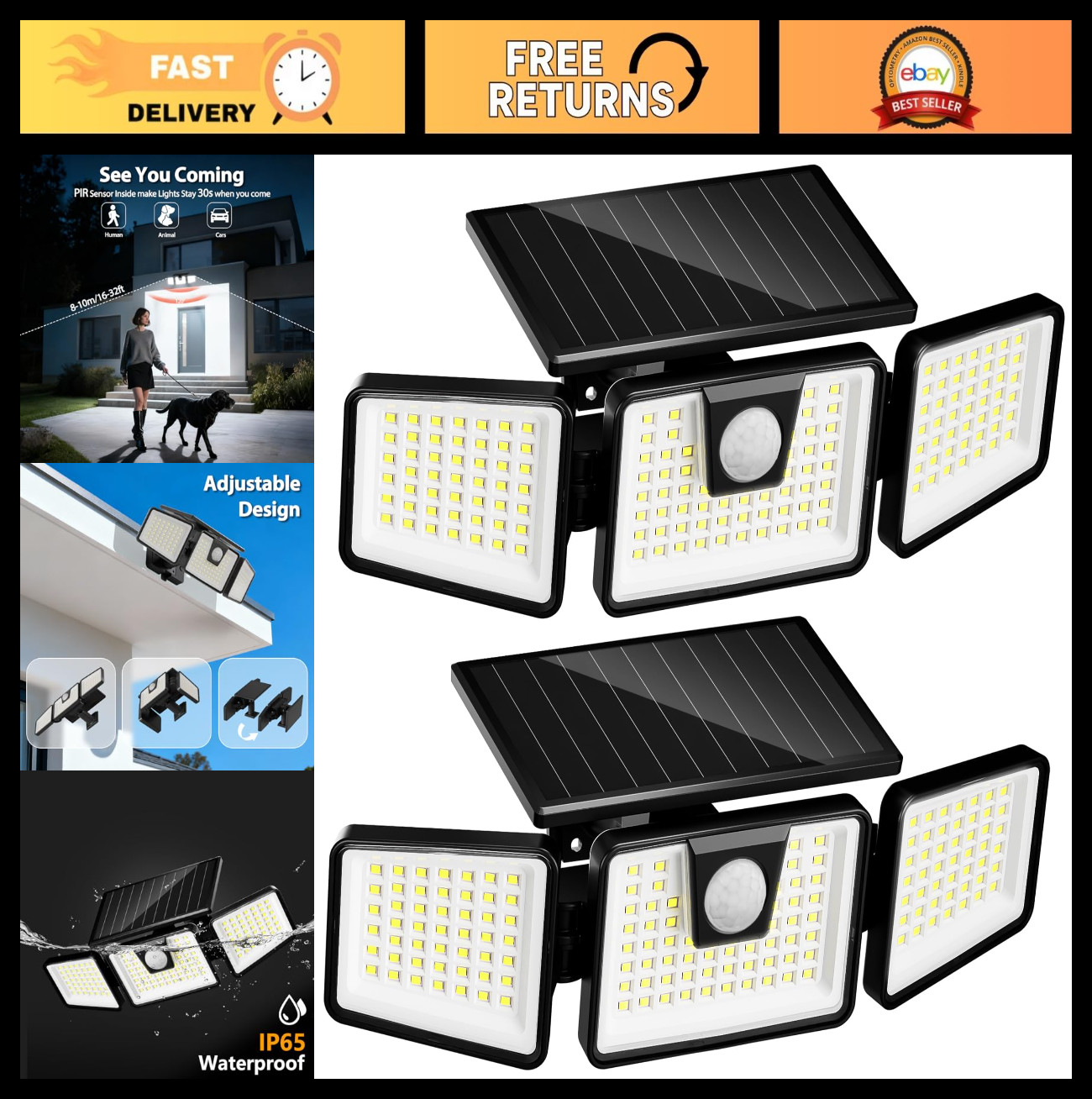 3000 LM Solar Outdoor Lights - Waterproof Motion Sensor Flood Light, 3 Heads, 2
