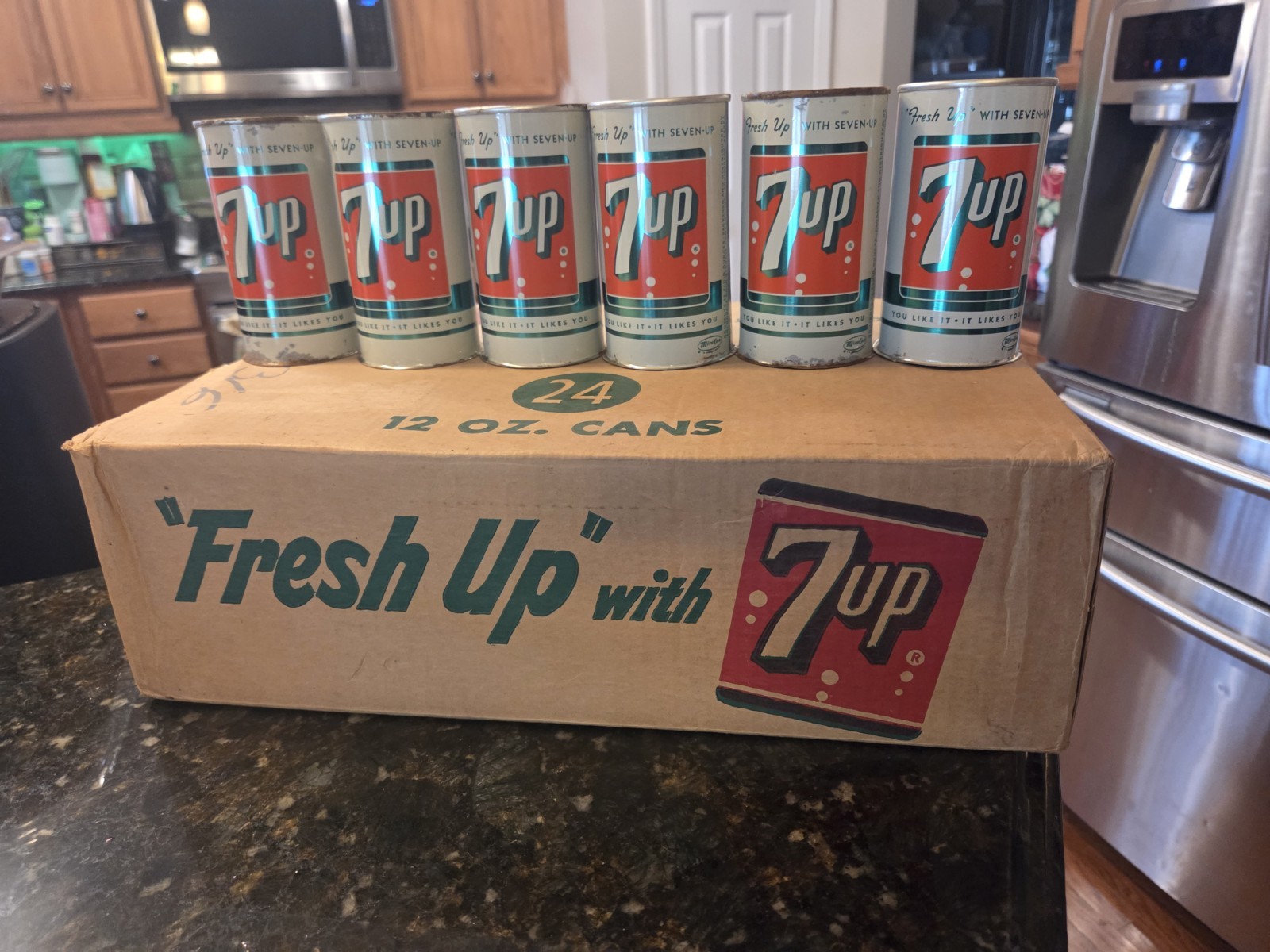 Vintage 7-UP Lot 6 Soda EMPTY Pop Can Juice Top Rare Box Fresh Up 7Up