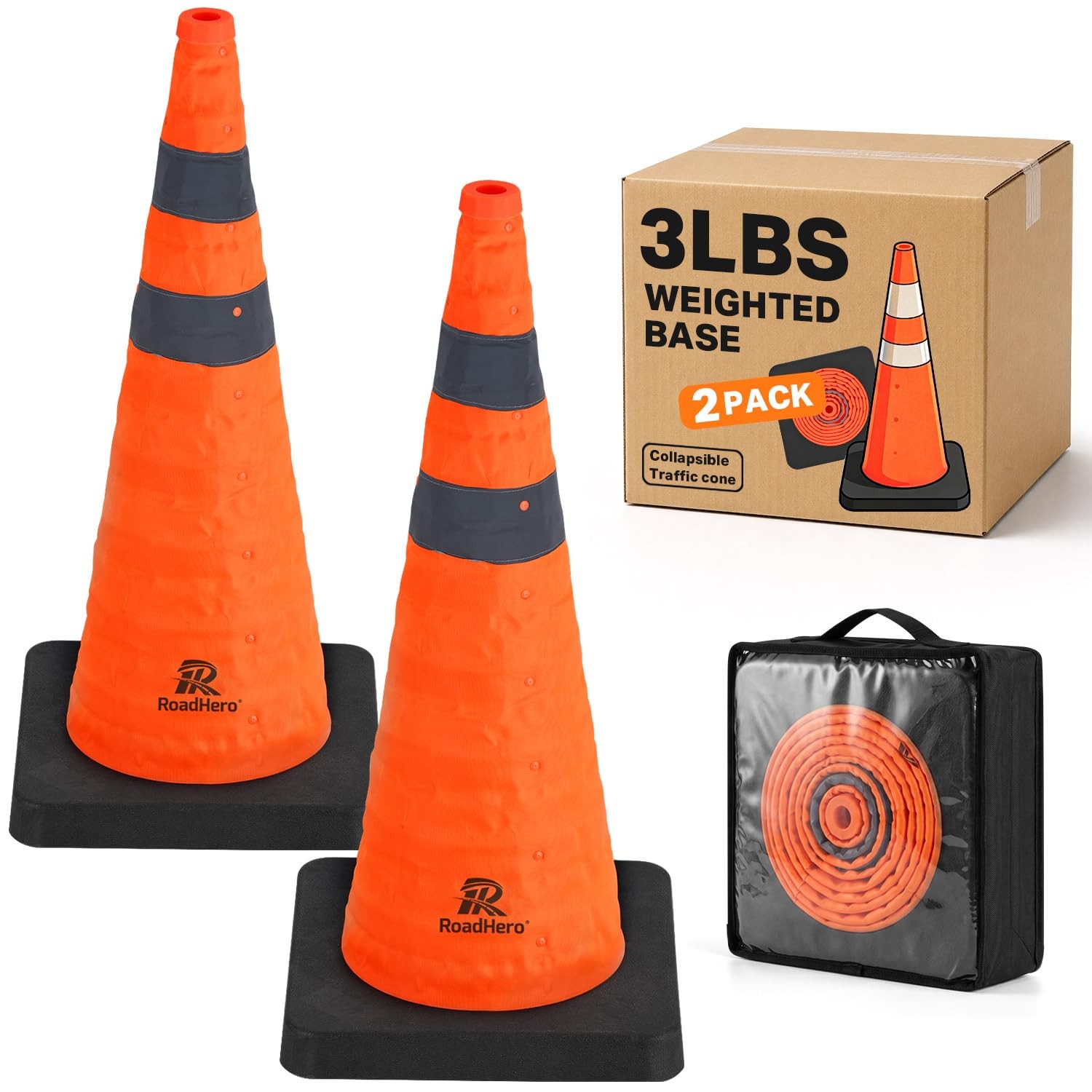28 Inch Collapsible Traffic Safety Cones with Black Weighted Base, Constructi...