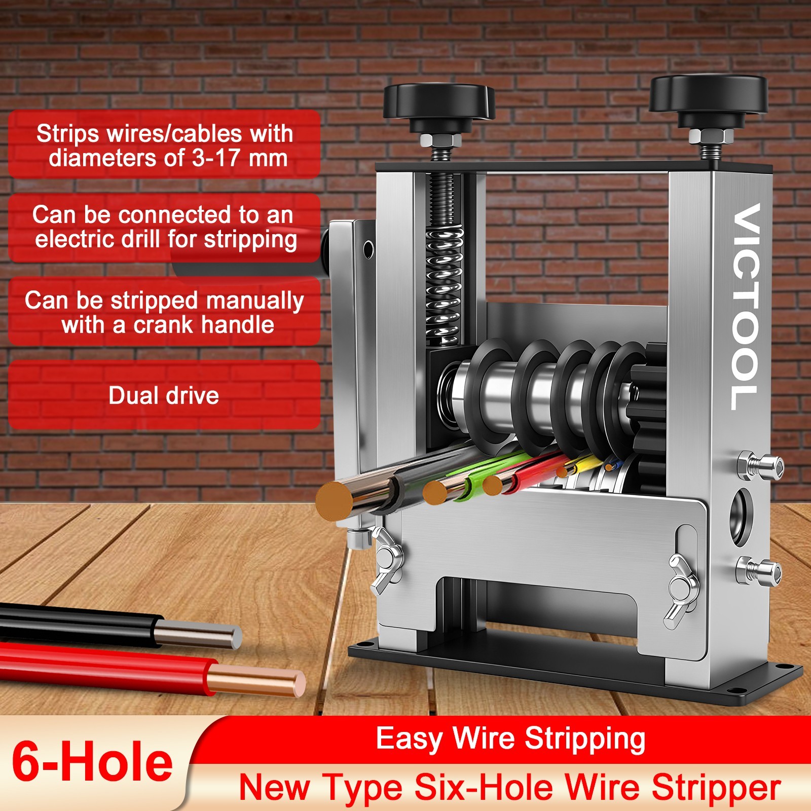 Manual Wire Stripping Machine 6 Channels 3-17mm Drill Powered Cable Stripper
