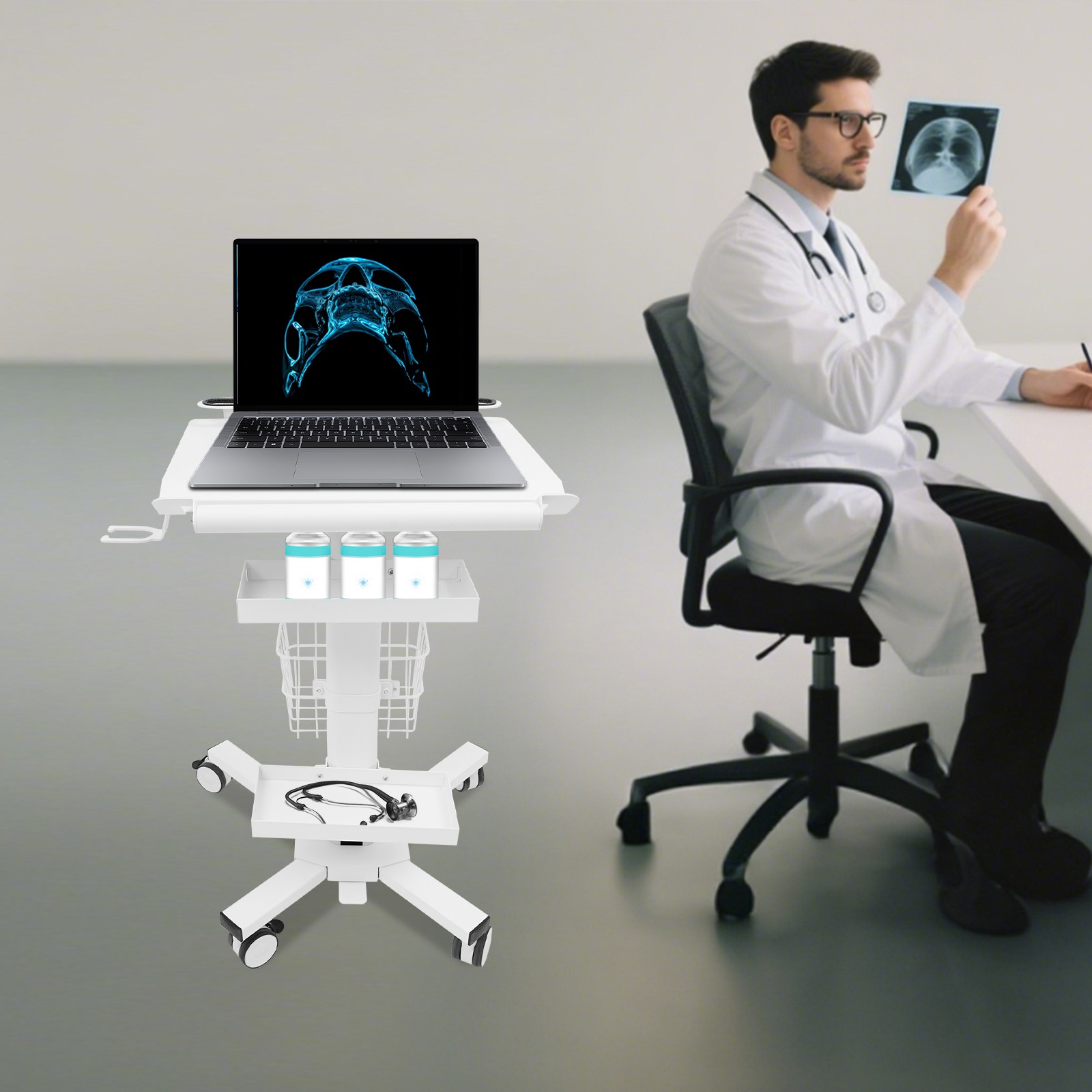 Laptop Workstation Cart Medical Cart With Wheels Cart With Scanner Bracket