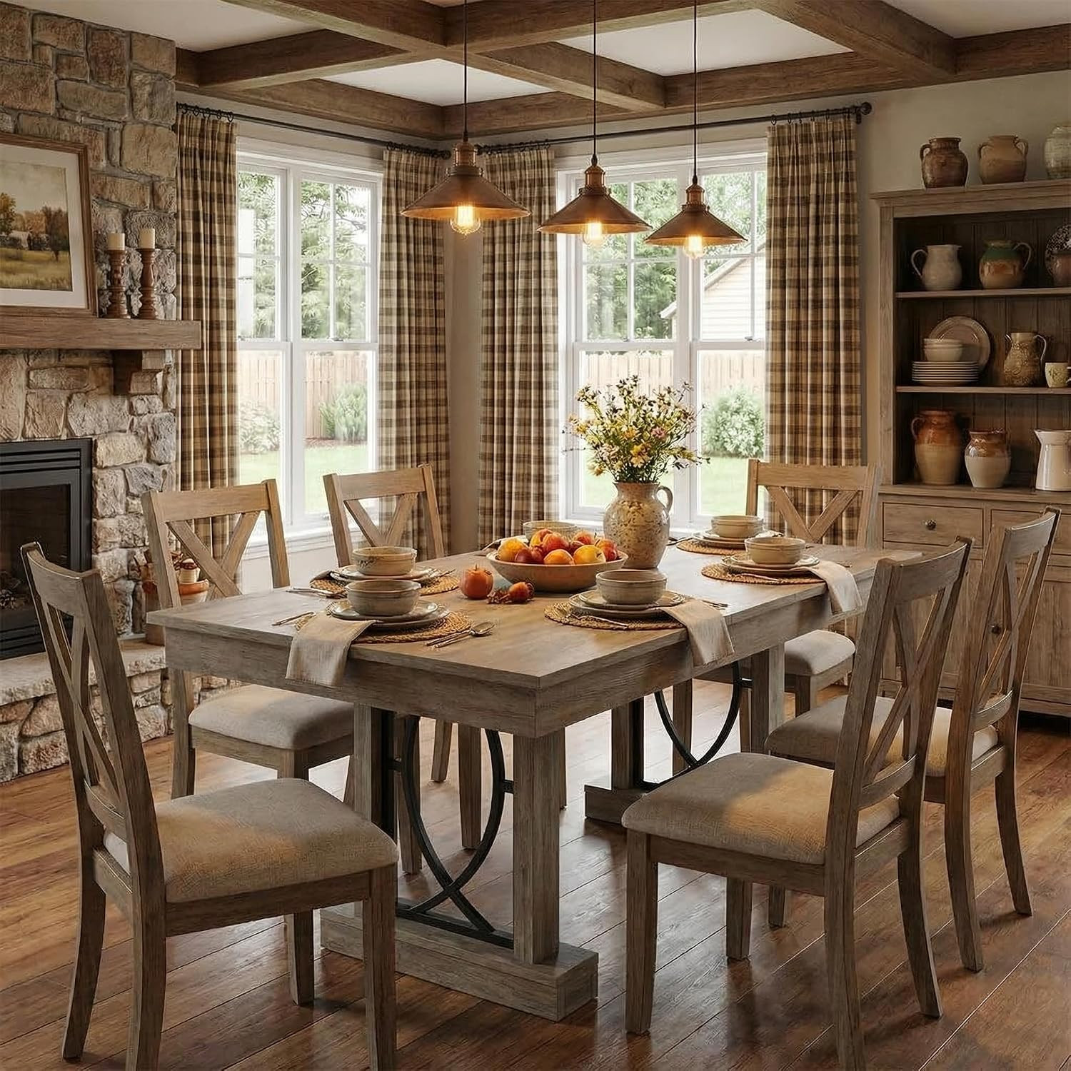 Rustic Gray Wooden Dining Table for 6-8 with 2 Large Drawers, 71" Long