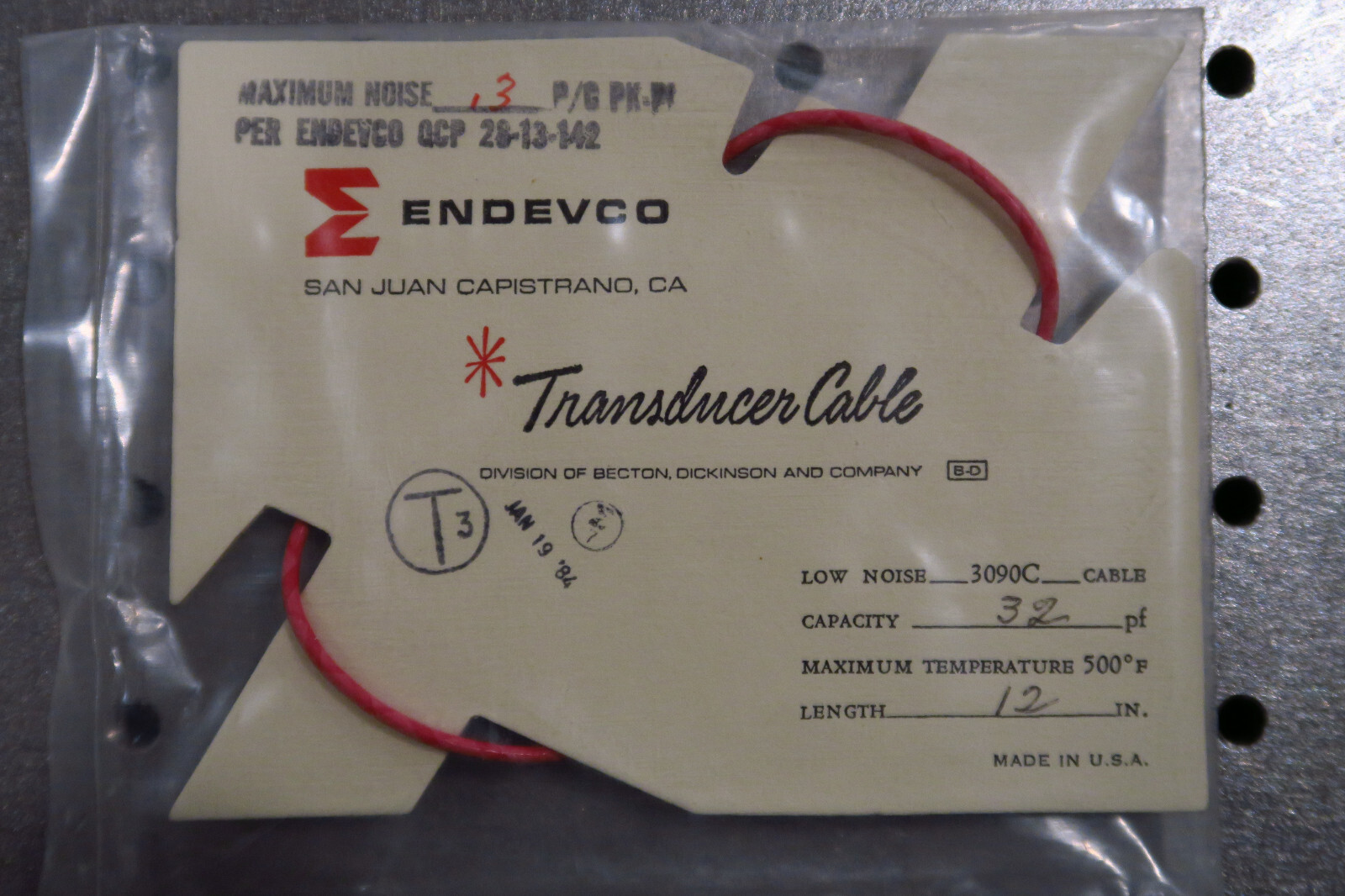 Endevco 3090C 12 Inch Low Noise Cable Assembly Wire 1ft 500F