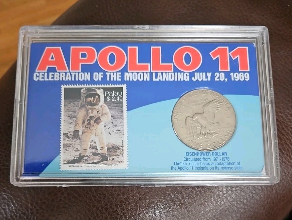 Apollo 11 Eisenhower Dollar + Moon Landing Stamp American Mint presentation set
