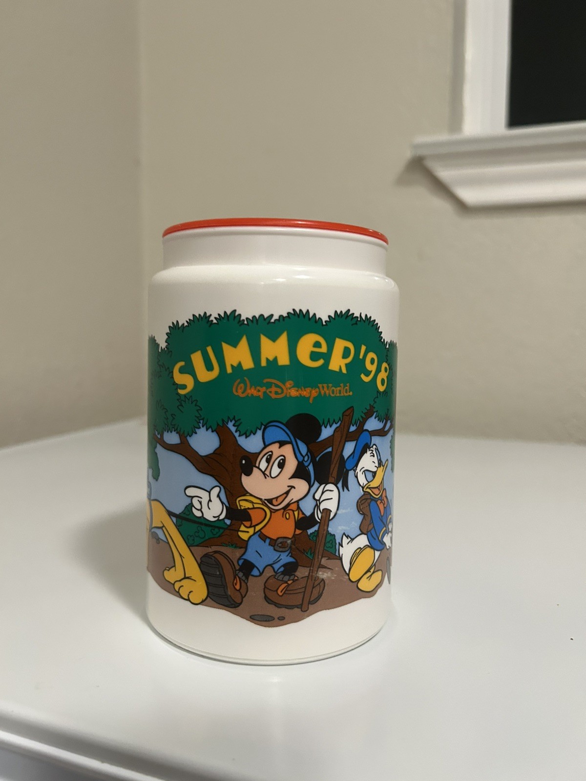 Vintage Disney World Summer 1998 Insulated Travel Mug Mickey Donald Pluto Goofy