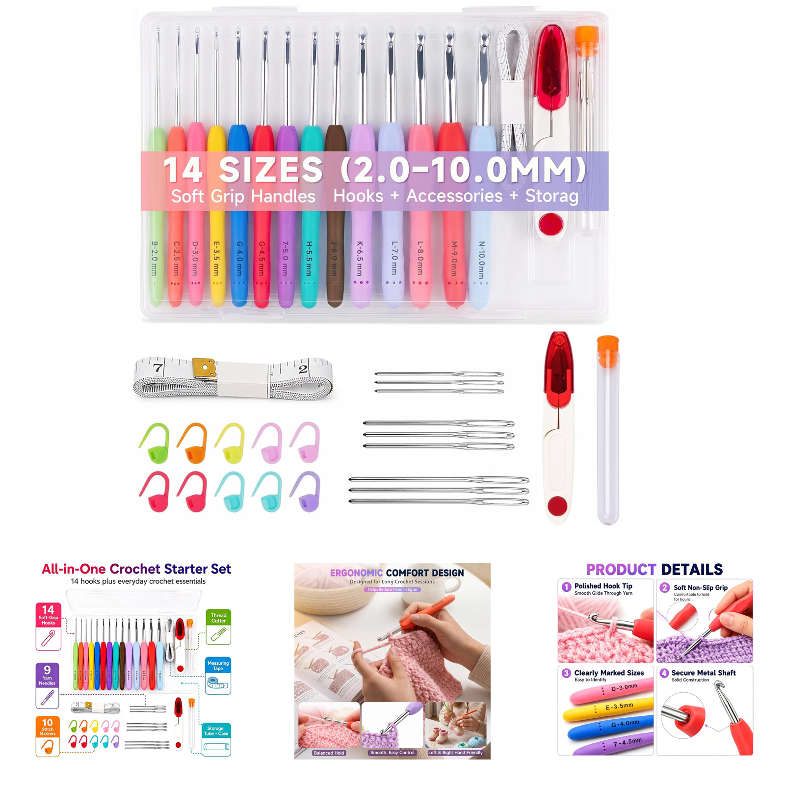 Crochet Hooks Set 14 Sizes 2.0-10.0mm Aluminum Silicone Grip Color-Coded
