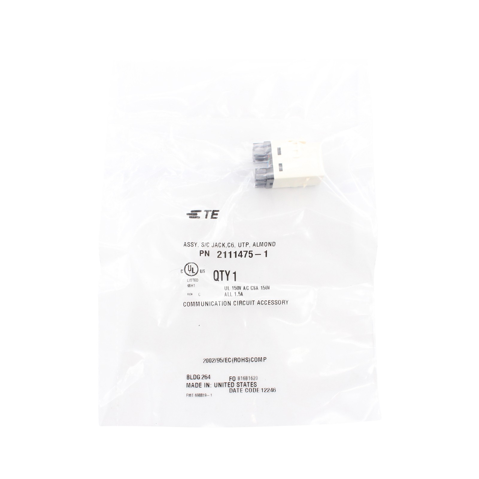 TE CONNECTIVITY 2111475-1 MODULAR JACK, 8-POSITION, CAT6, RJ45, ALMOND