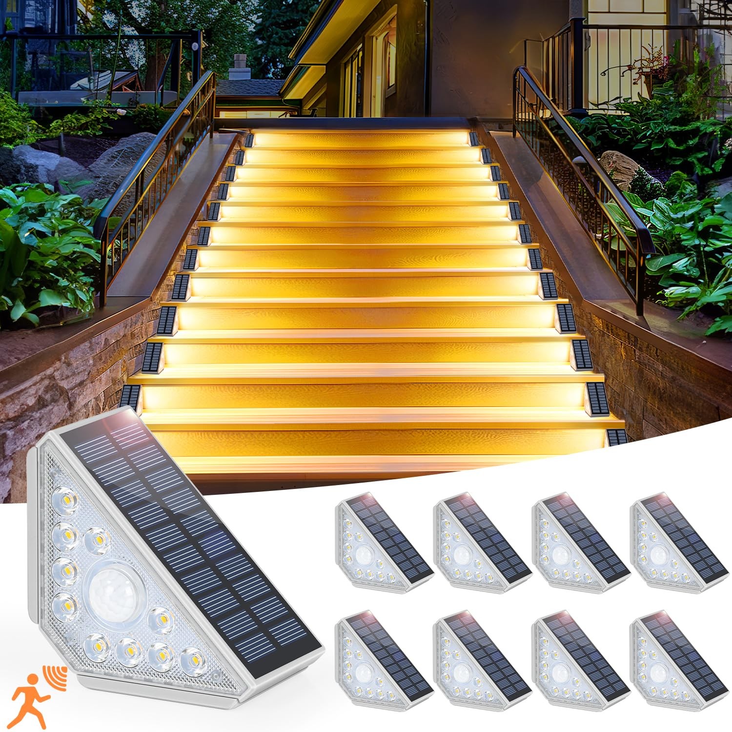 Kondras Motion Sensor Solar Stair Lights Outdoor, 8-Pack, 2700K Warm White