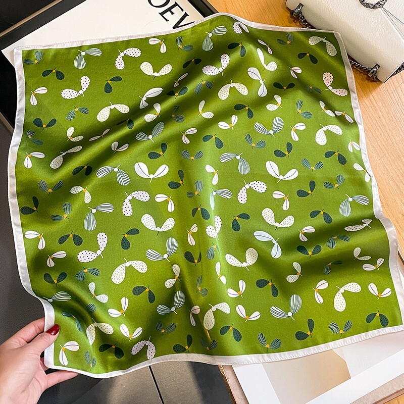 Green Leaves Square Scarf Bandana 100% Silk Women Fashion Kerchief Wrap 53*53cm