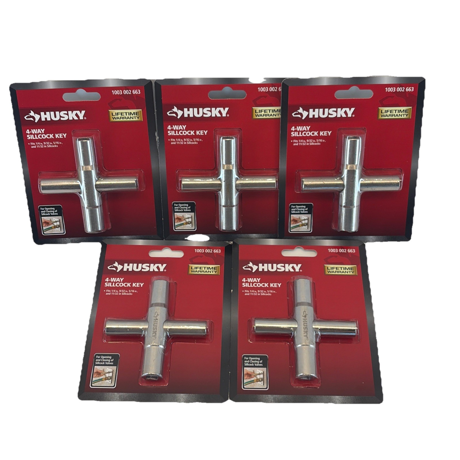 Five Husky Sillcock Keys 4Way Multiple Sizes New In Packages 5 Pack Case