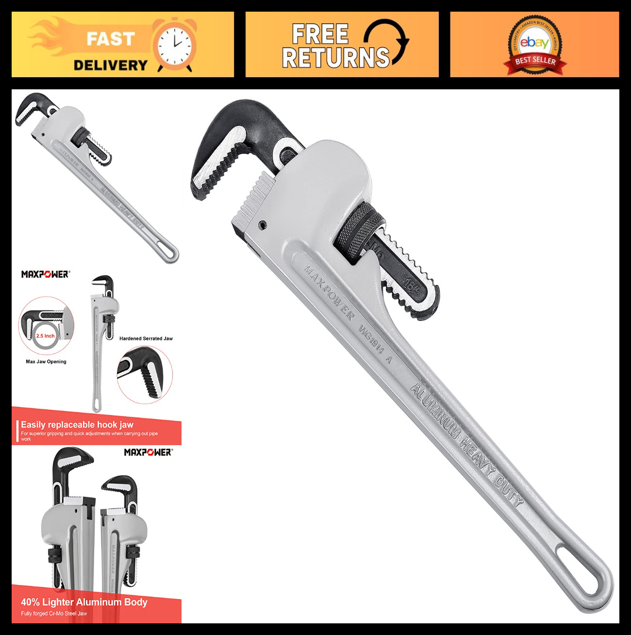 MAXPOWER 18-inch Pipe Wrench, 2.5 inch Jaw Opening Capacity, Heavy Duty