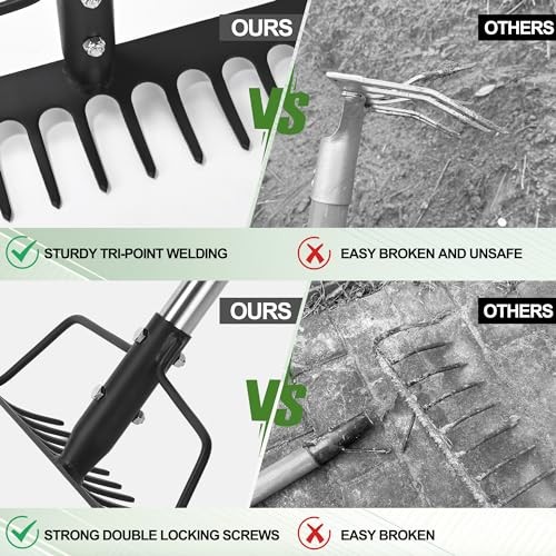 15 Inch Wide Bow Rake, 16 Steel Tines Metal Head Rake Tool with Stainless