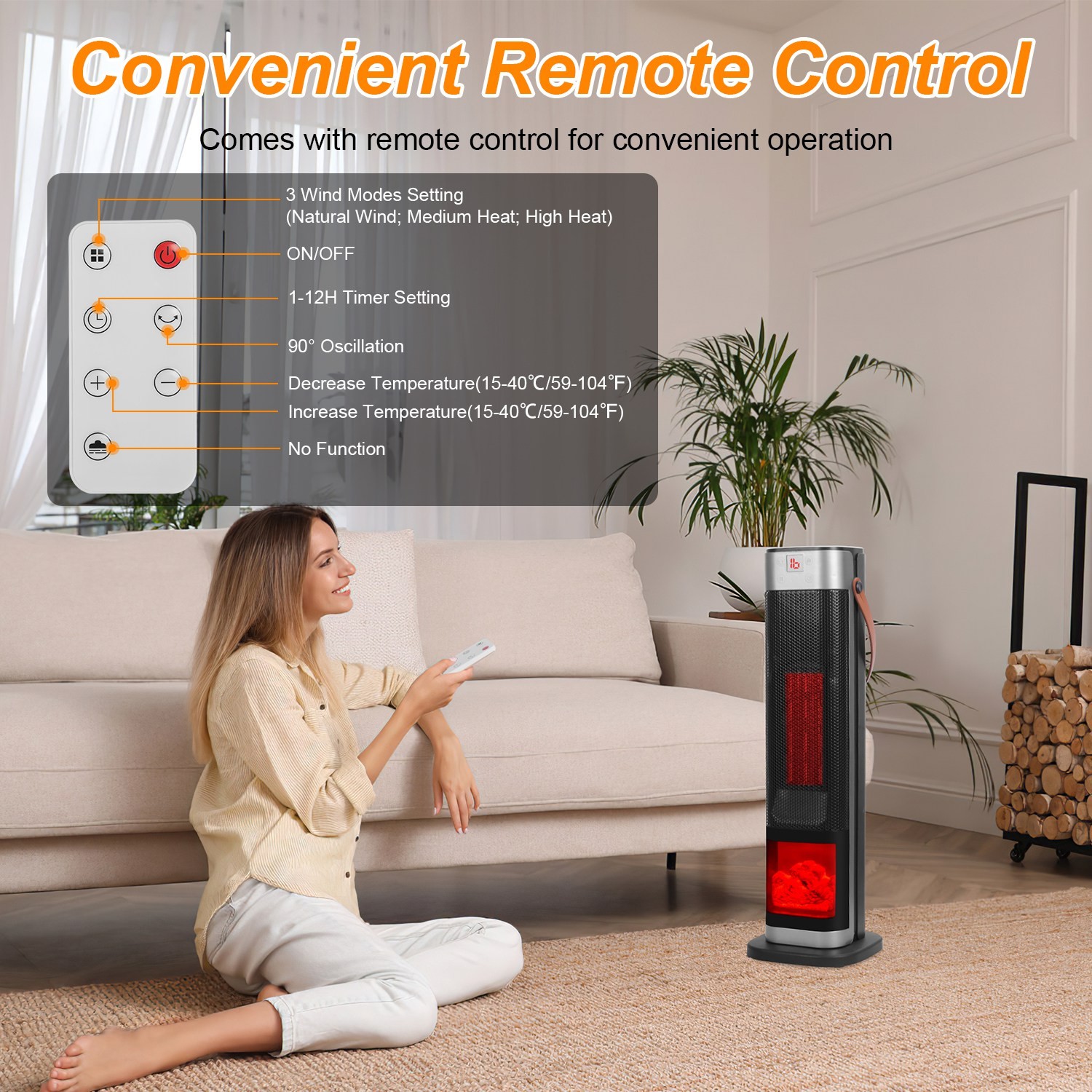 Space Heater 90°Oscillating 1500W Electric Ceramic Tower Heater w/Remote Control