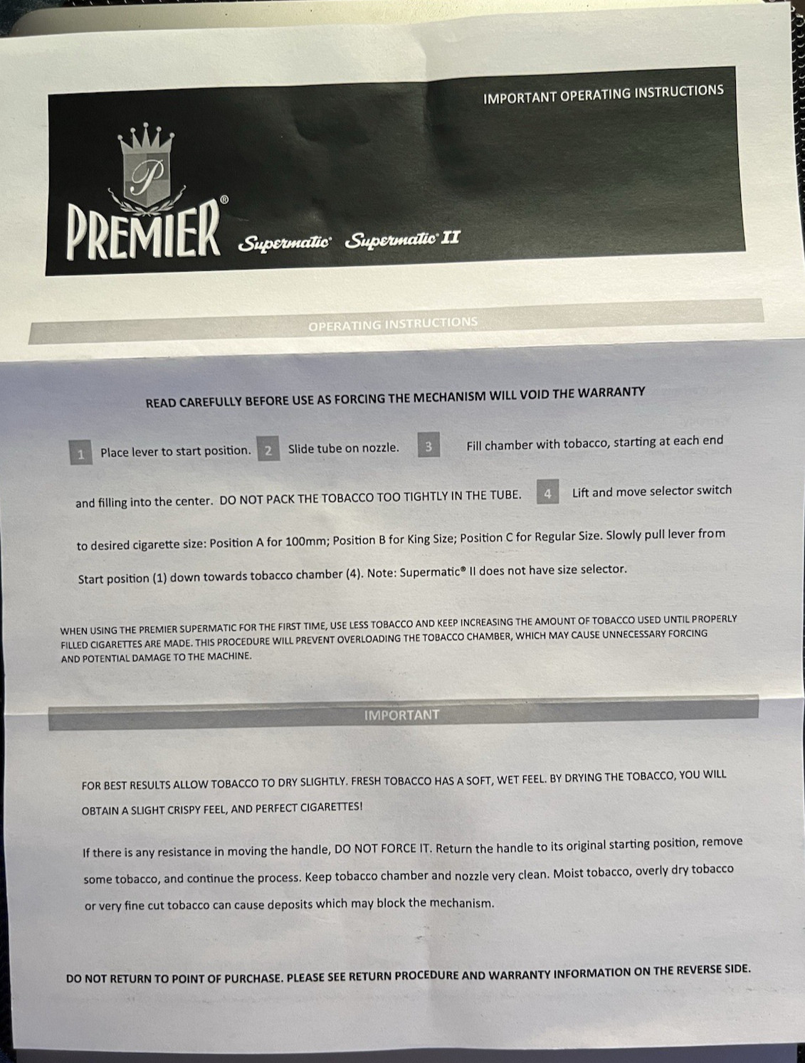 Premier Supermatic Cigarette Roller w/Orig Box & Ops Instructions Untested