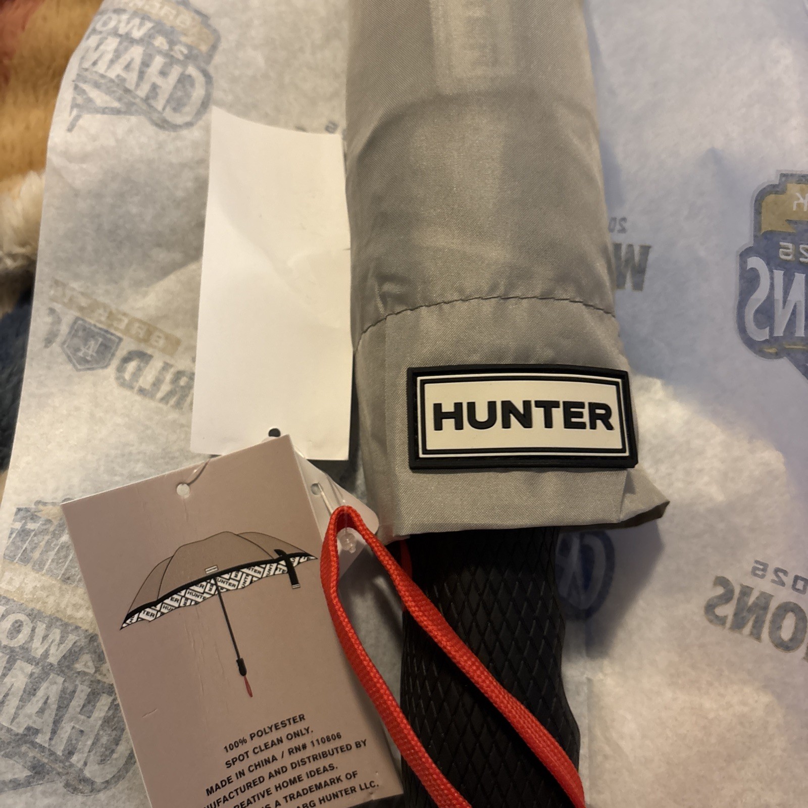 HUNTER UMBRELLA GRAY BLACK WHITE Logo Print 100% POLYESTER NWT