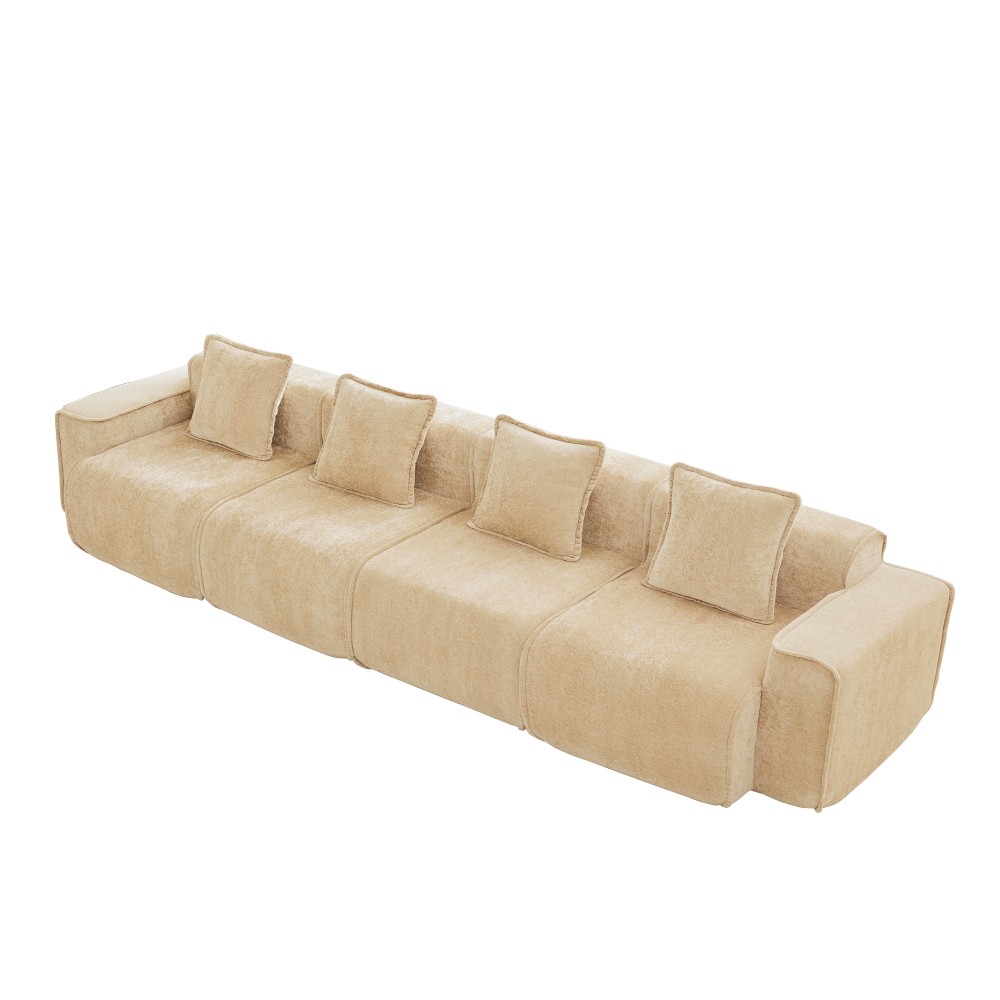 Modular 4-Seat Sofa w/ Throw Pillows, Velvet Fabric, Light Camel