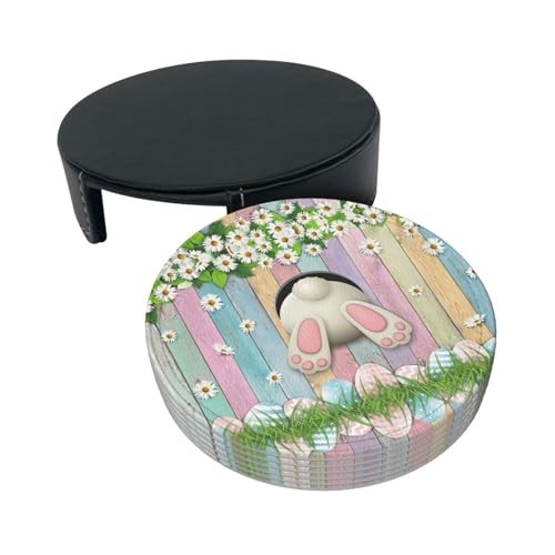 6 Pcs Easter Eggs Bunny Coasters with Holder,Office Bar Dining Table Home