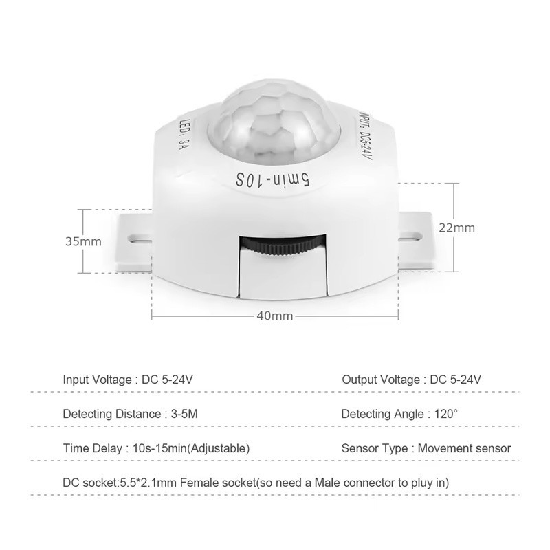 DC 5V-24V 3A PIR Motion Sensor Light Switch IR Detector Time Delay for LED Strip