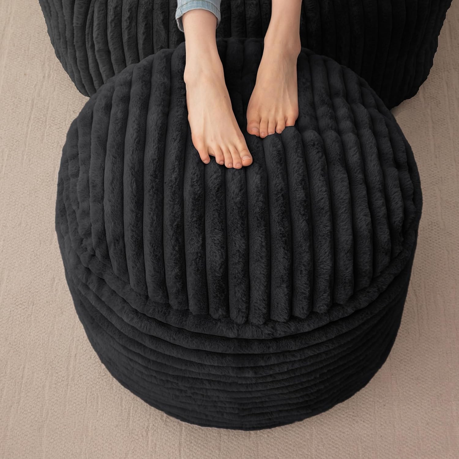 Round Stuffed Pouf Ottoman Stripe Faux Fur Poufs W/ Foam Chunk Filling Furry &
