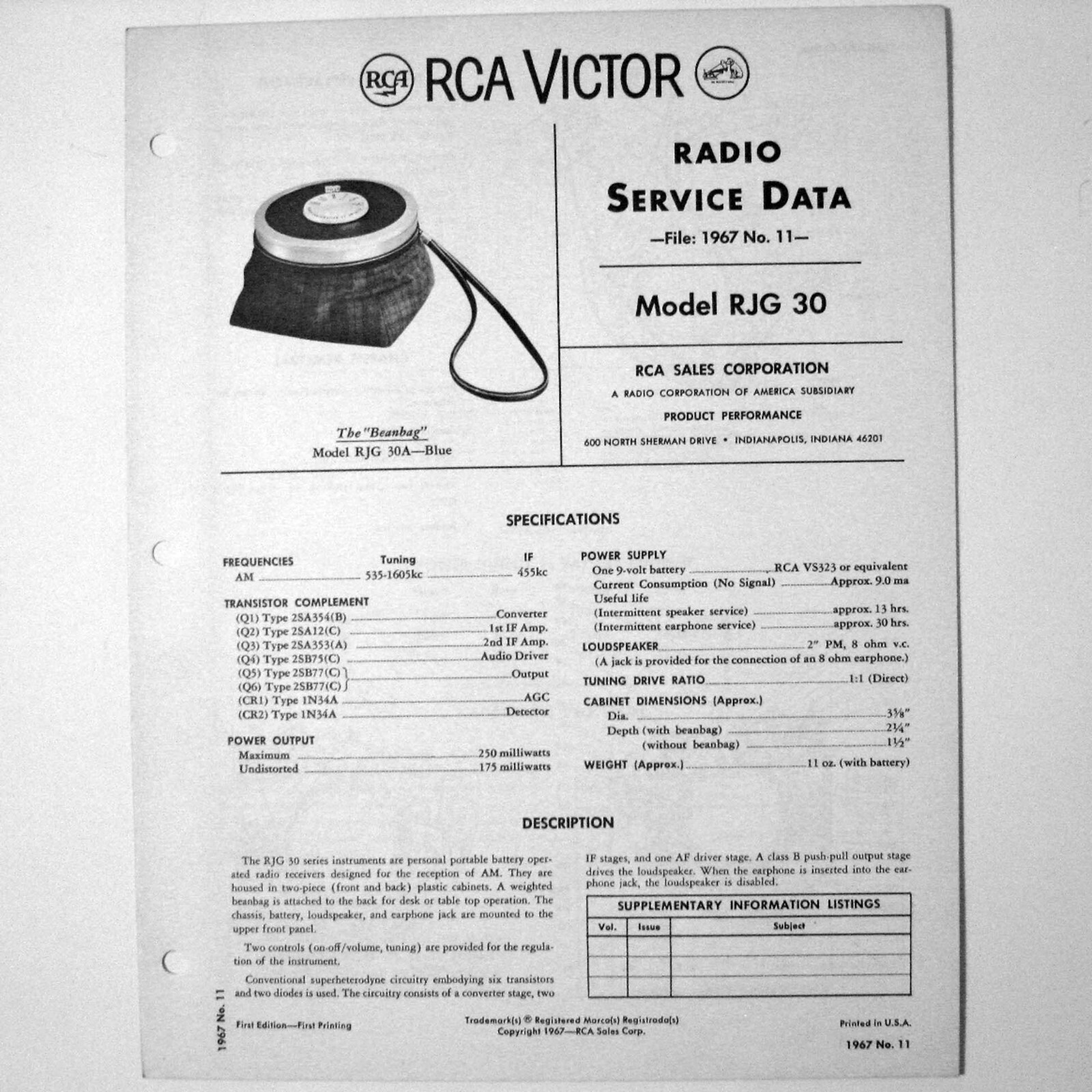 RCA ® Model RJG 30 Portable Bean Bag Beanbag Radio Service Manual © 1967