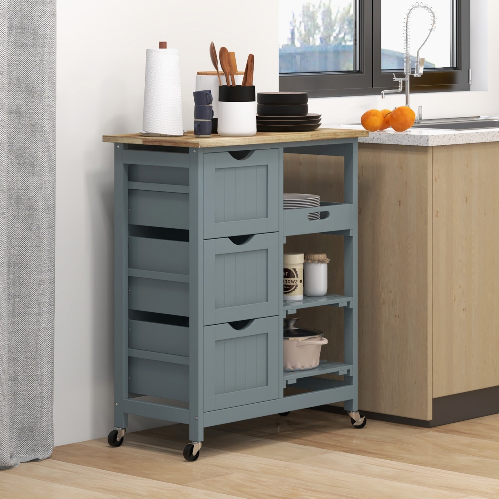 Rolling Kitchen Cart, Kitchen Island with Wood Top, Shelves & Drawers